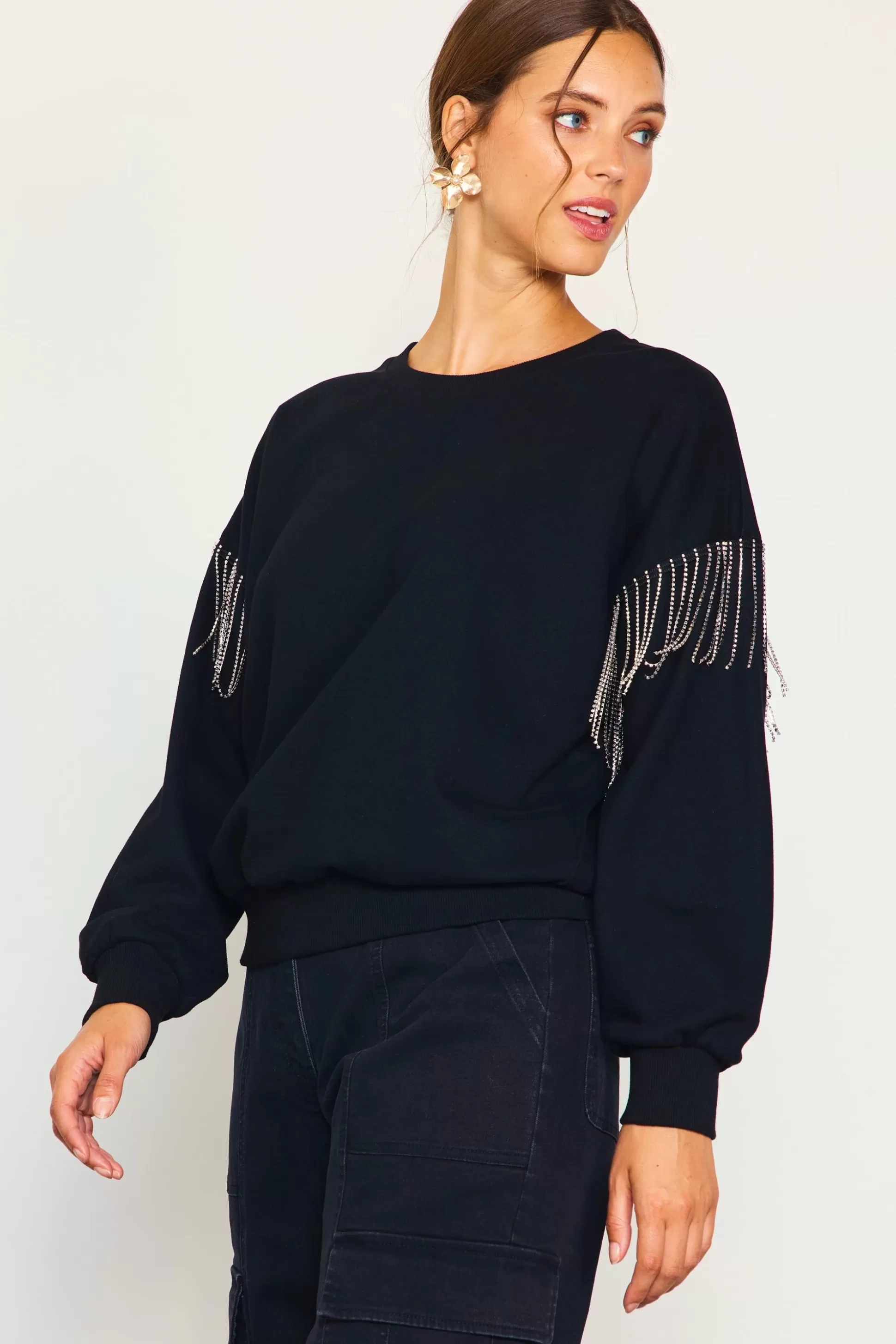 SKIES ARE BLUE Sweaters>Rhinestone Sleeve Trim Sweatshirt Black