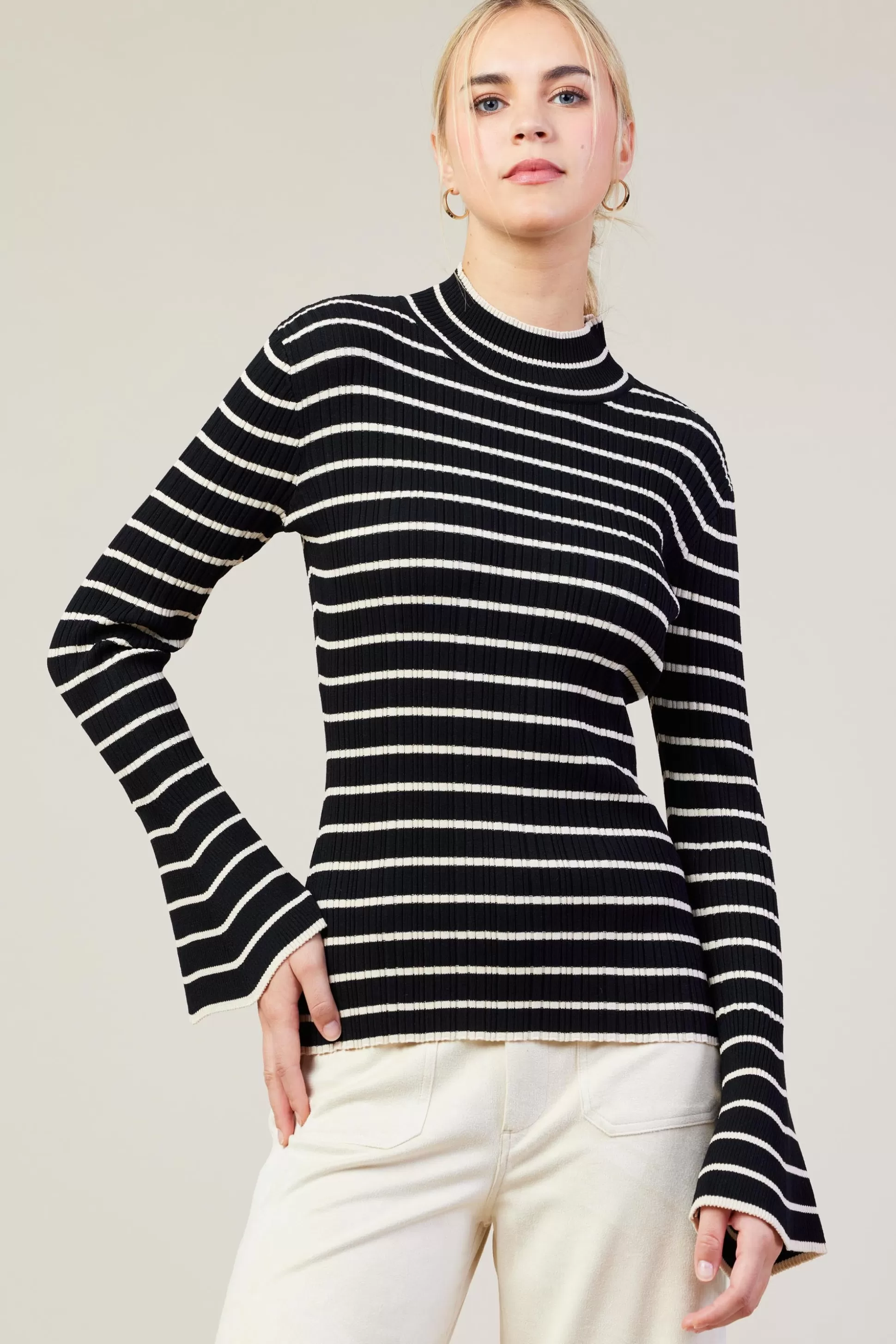 SKIES ARE BLUE Long Sleeve Tops>Ribbed Flared Longsleeve Top Black-cream