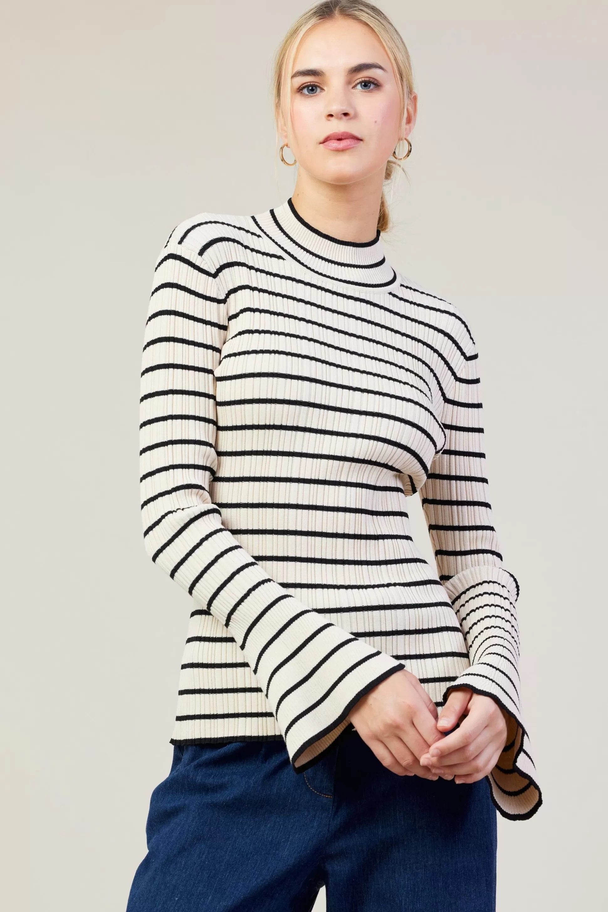 SKIES ARE BLUE Long Sleeve Tops>Ribbed Flared Longsleeve Top Cream-black