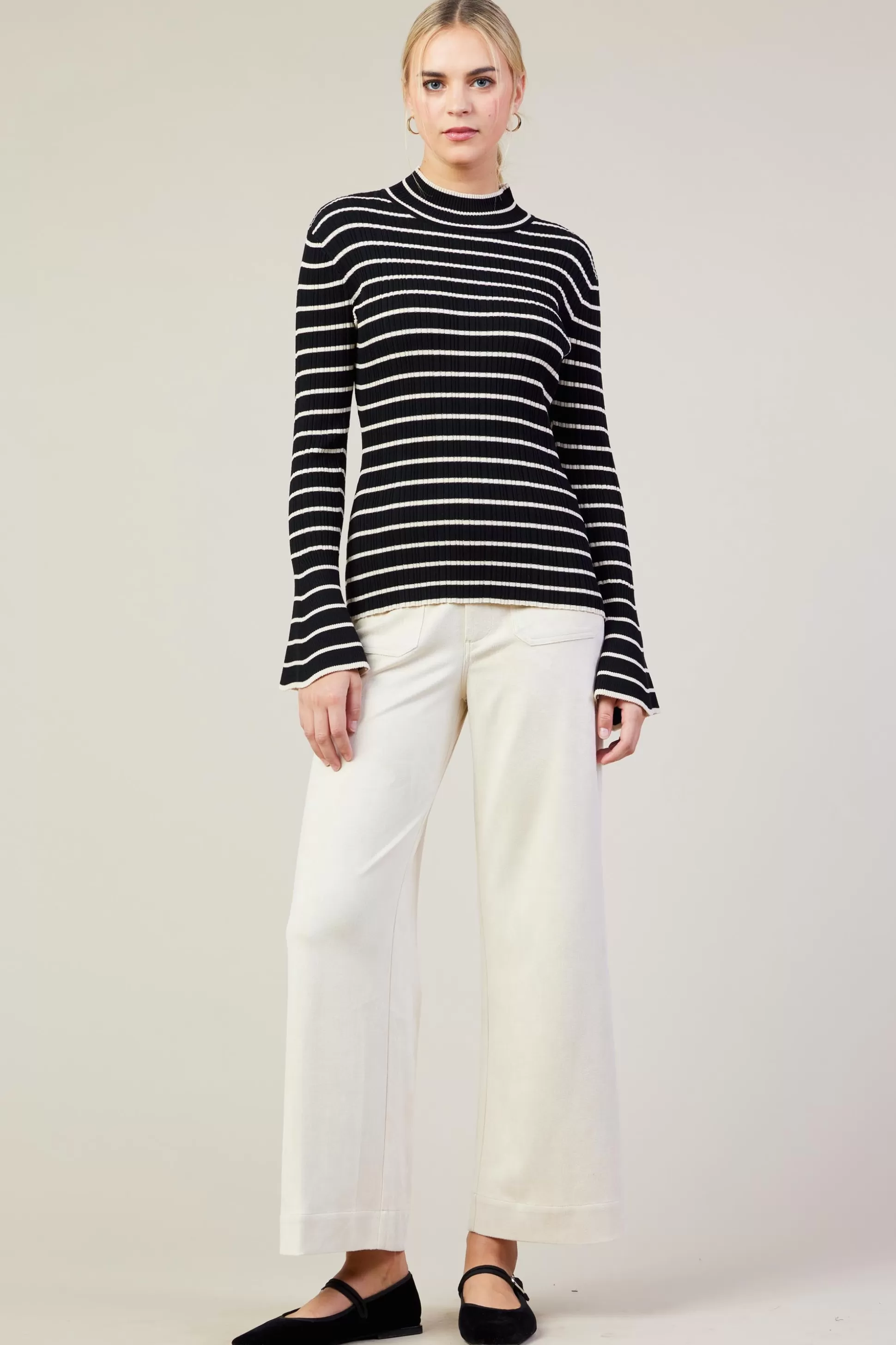 SKIES ARE BLUE Long Sleeve Tops>Ribbed Flared Longsleeve Top Black-cream