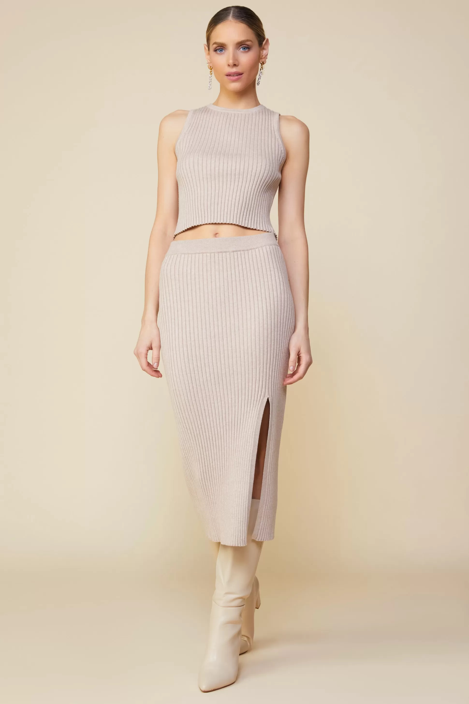 SKIES ARE BLUE Skirts>Ribbed Knit Side Slit Skirt Taupe