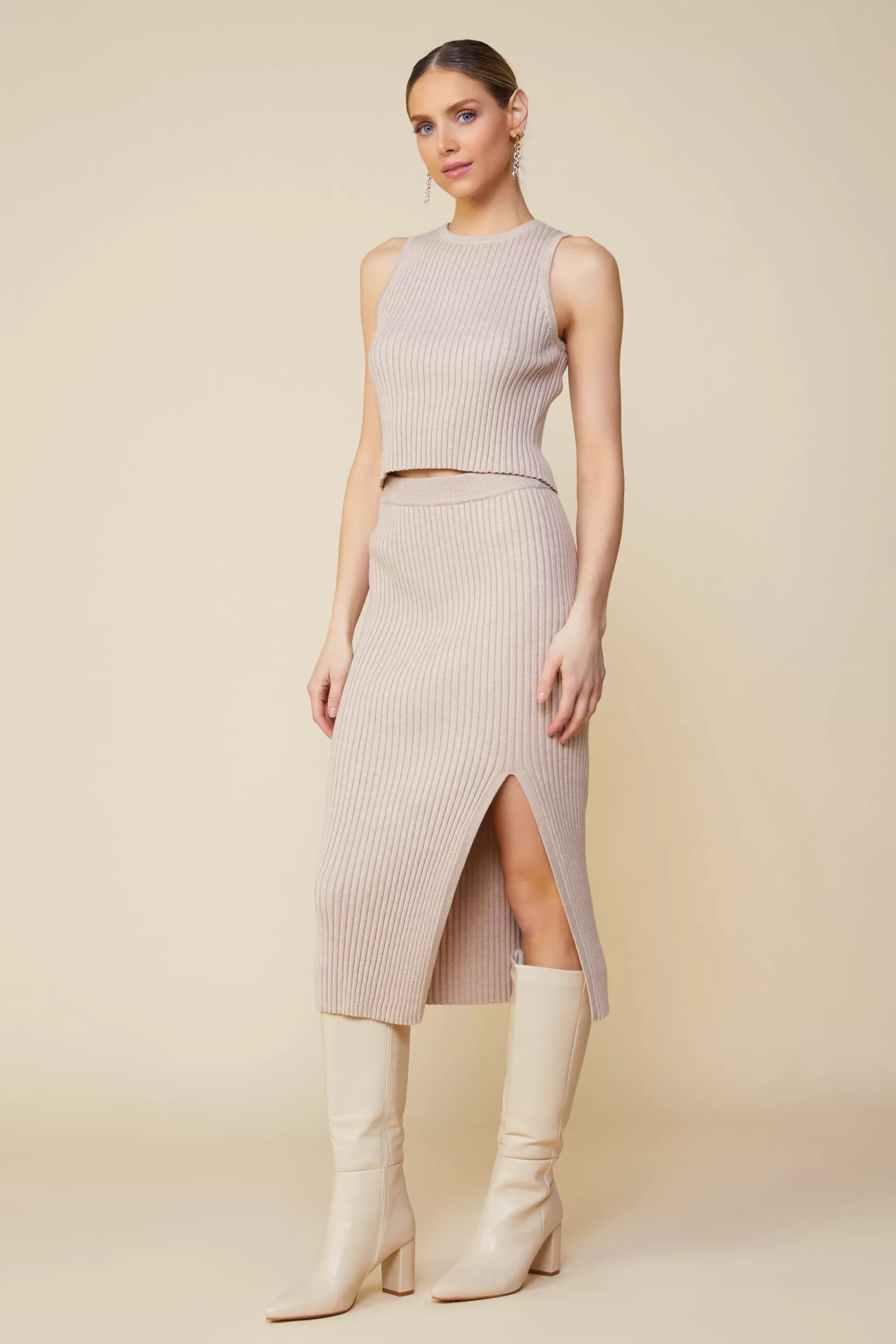 SKIES ARE BLUE Skirts>Ribbed Knit Side Slit Skirt Taupe