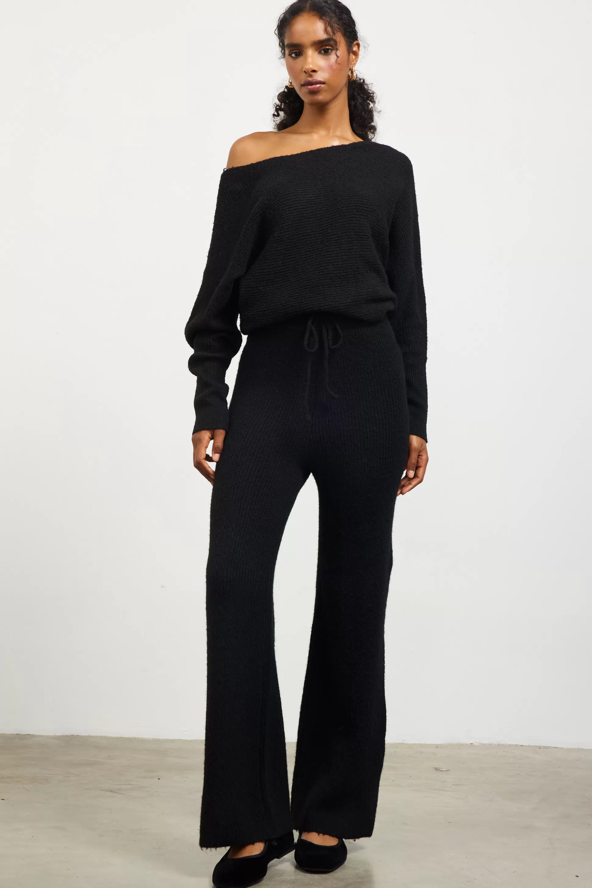 SKIES ARE BLUE Pants>Ribbed Knit Wide Leg Pants Black