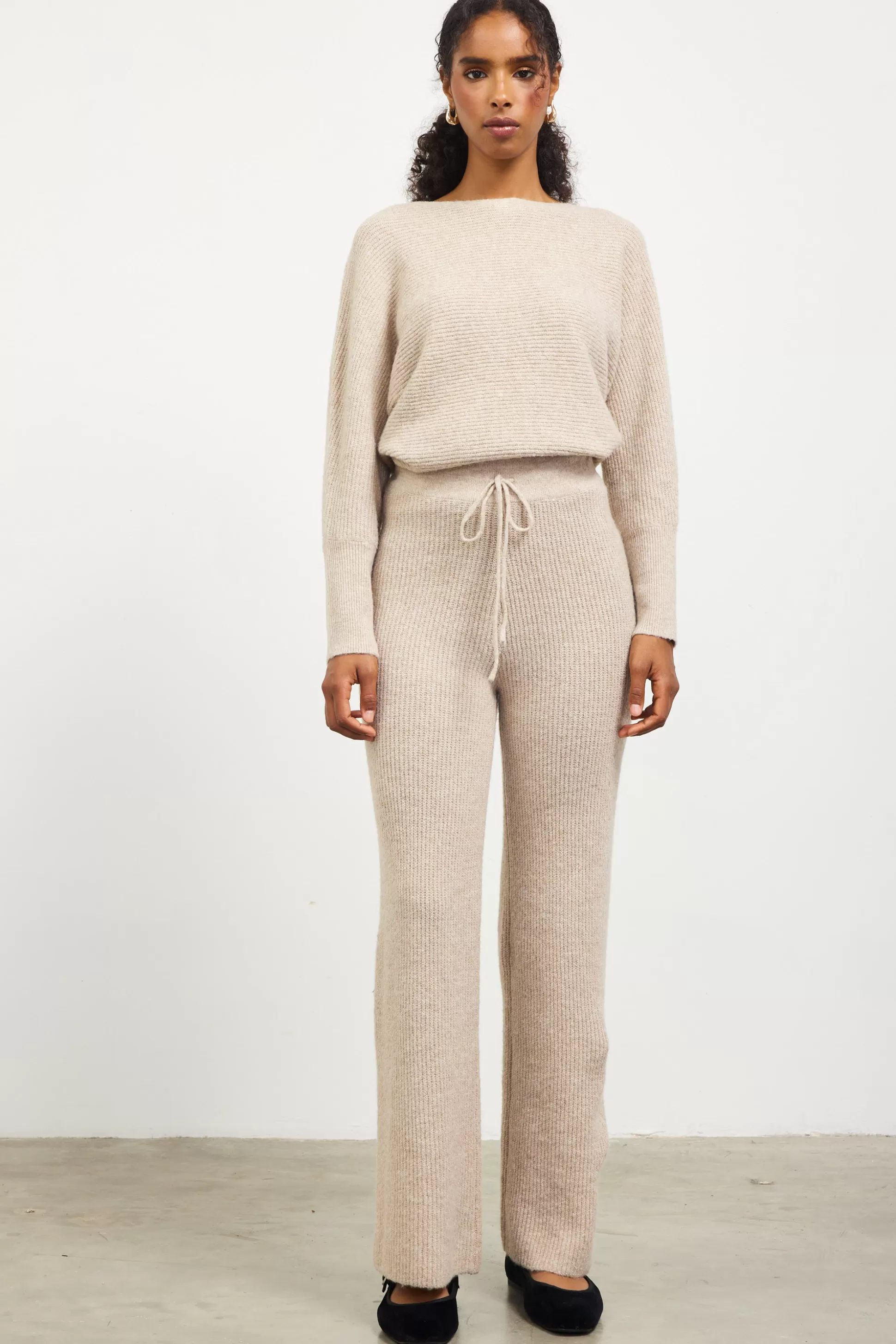 SKIES ARE BLUE Pants>Ribbed Knit Wide Leg Pants Oatmeal