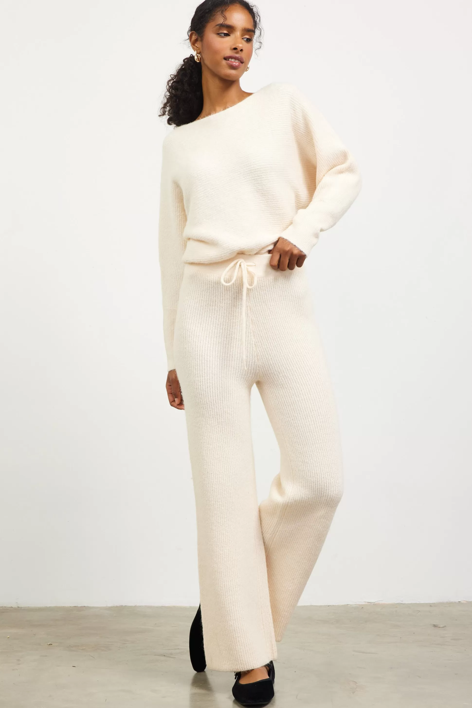 SKIES ARE BLUE Pants>Ribbed Knit Wide Leg Pants Cream