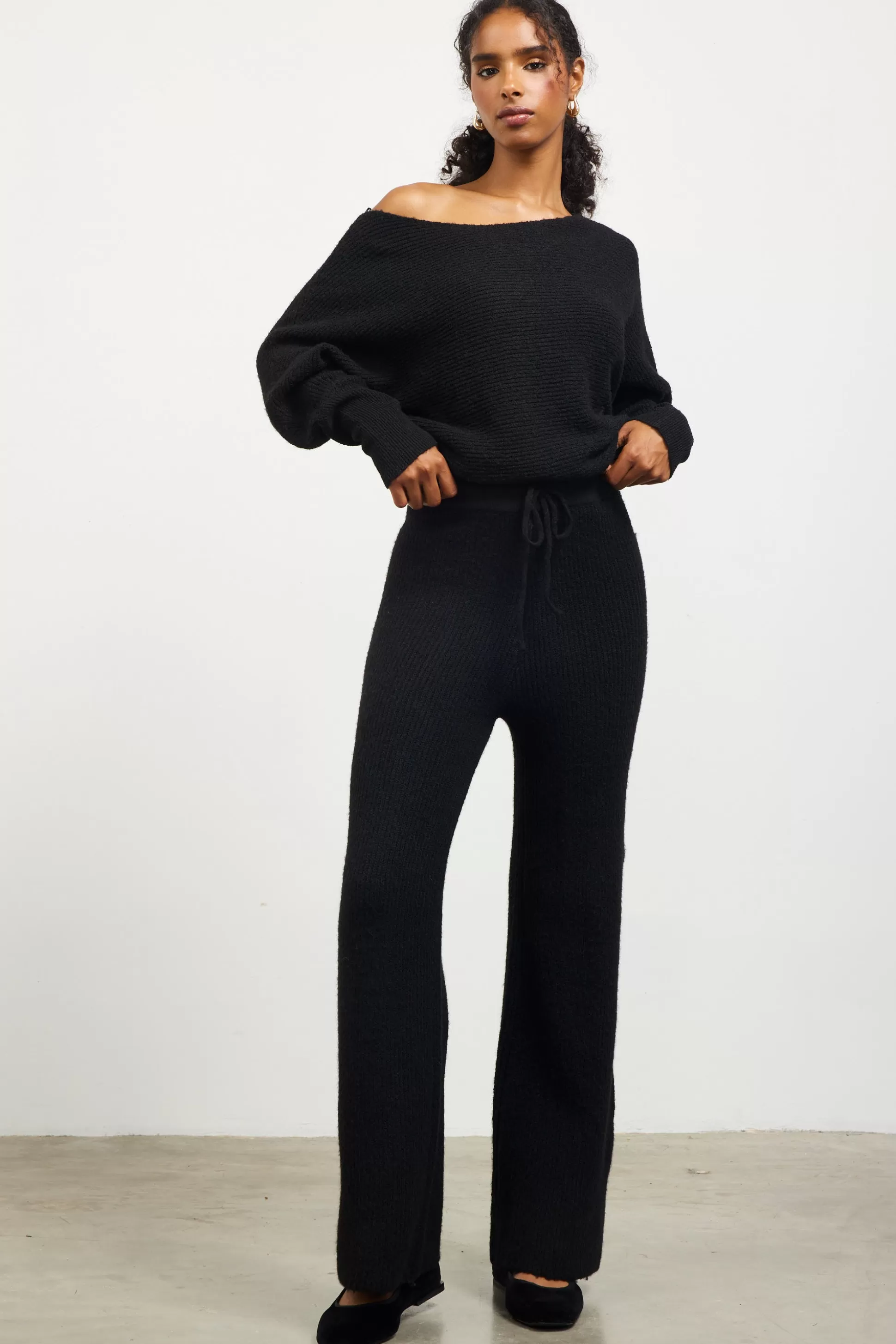 SKIES ARE BLUE Pants>Ribbed Knit Wide Leg Pants Black