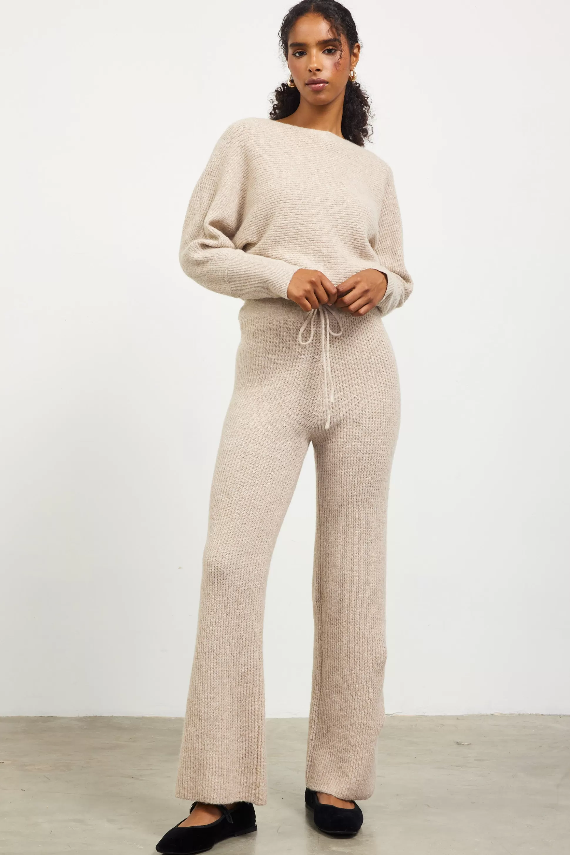 SKIES ARE BLUE Pants>Ribbed Knit Wide Leg Pants Oatmeal