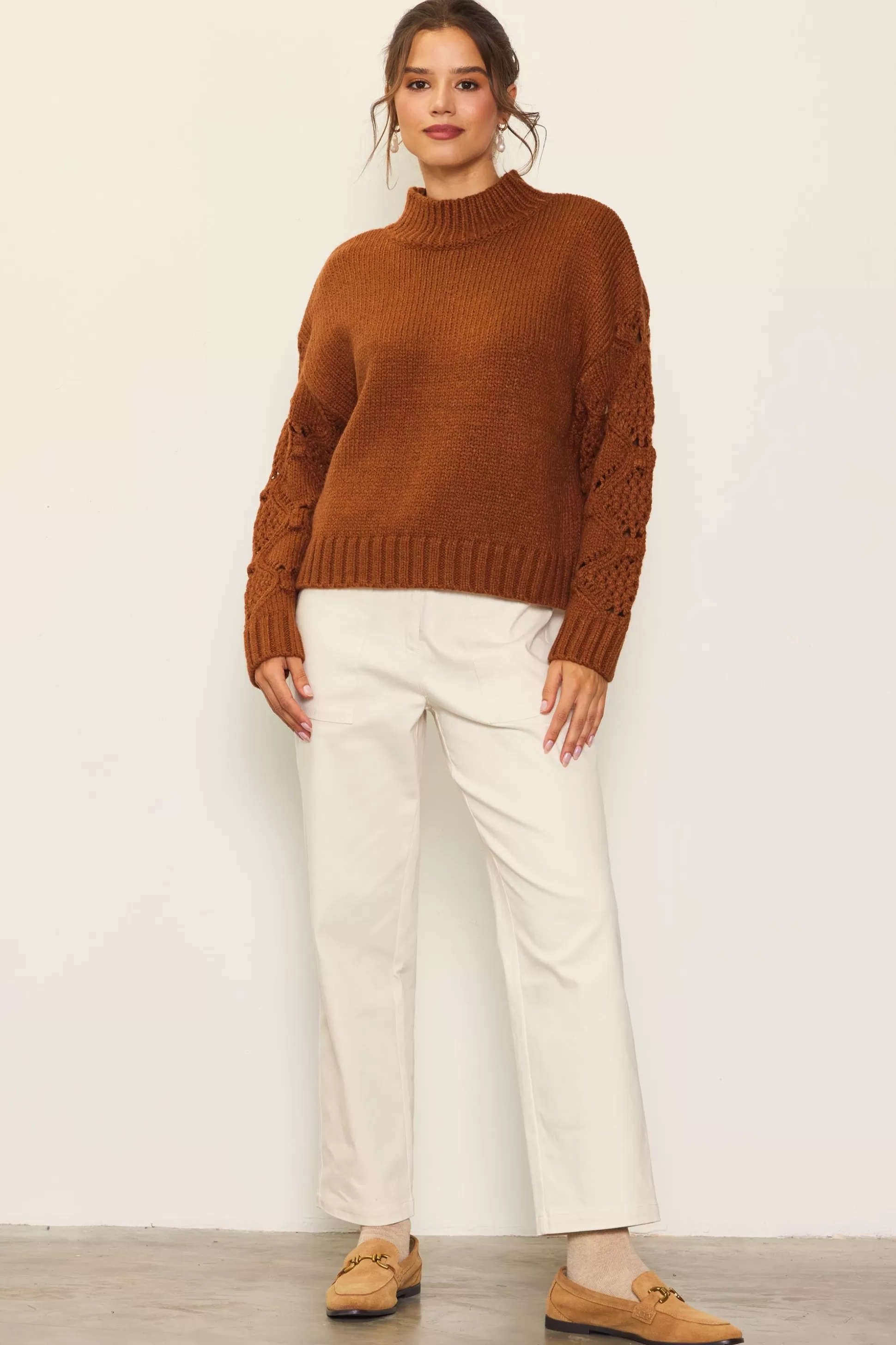 SKIES ARE BLUE Sweaters>Ribbed Mock Neck Sweater Toffee