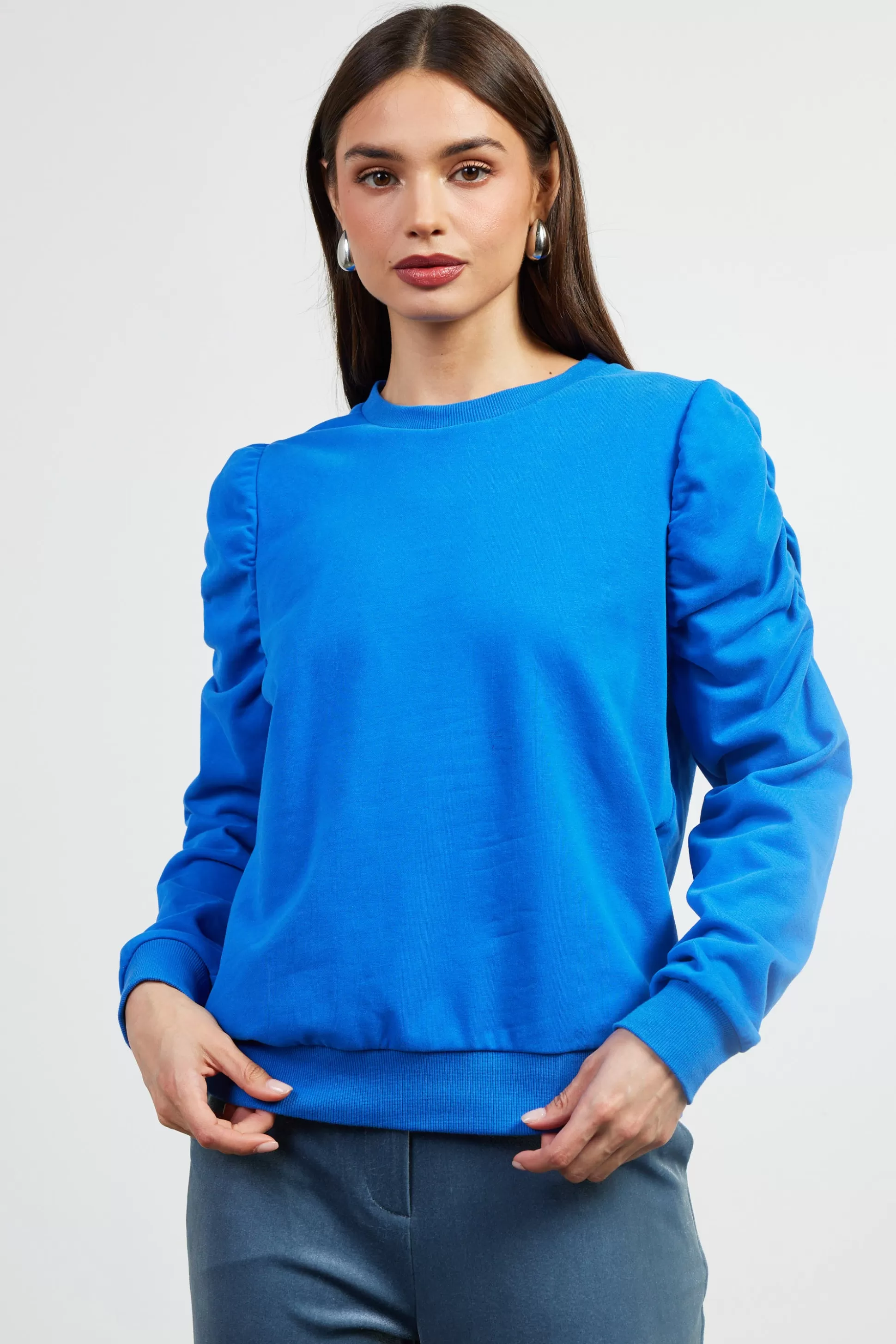 SKIES ARE BLUE Long Sleeve Tops | Sweaters>Ruched Sleeves Crewneck Sweatshirt Cobalt