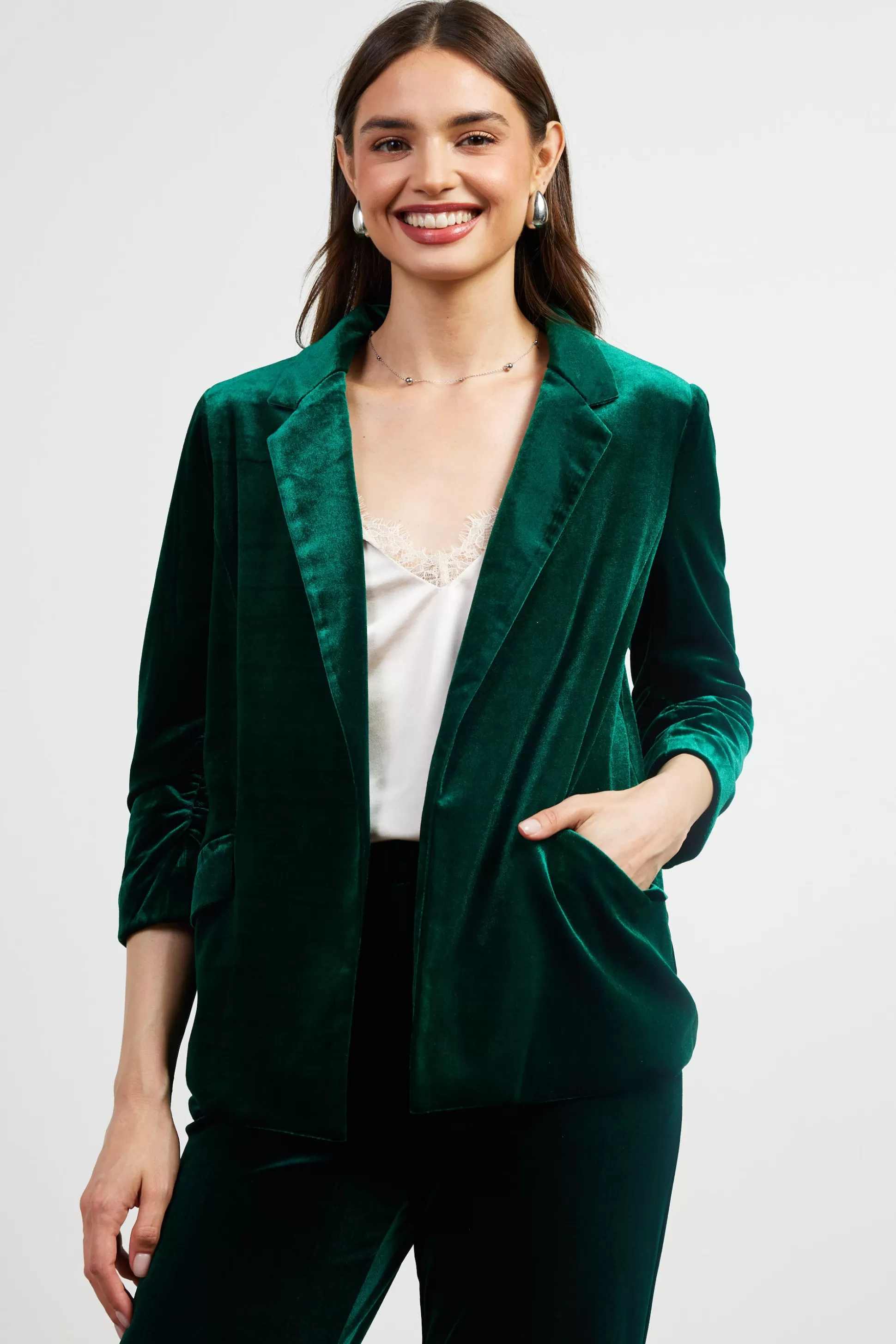 SKIES ARE BLUE Blazers>Ruched Velvet Blazer Huntergreen