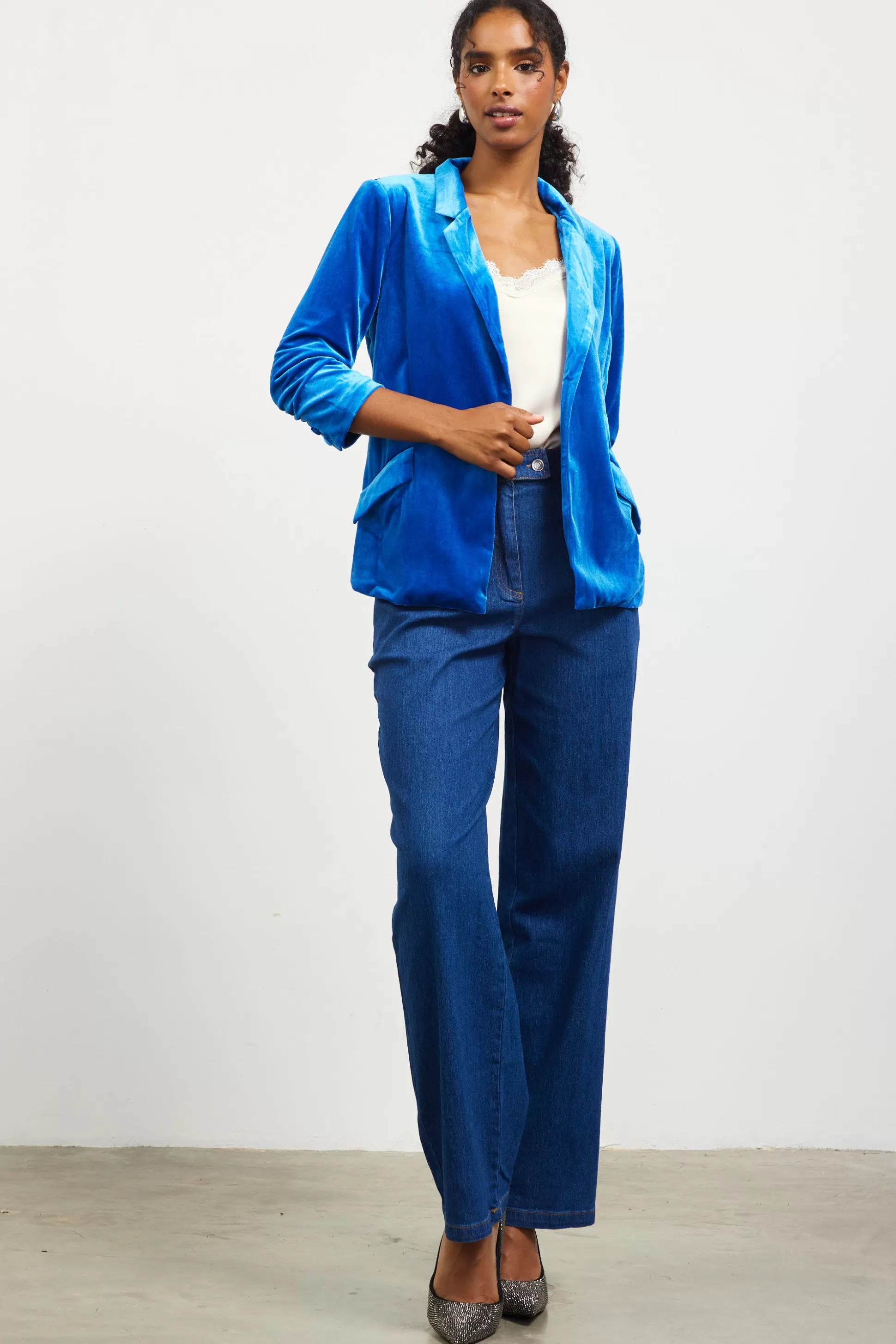 SKIES ARE BLUE Blazers>Ruched Velvet Blazer Oceanblue