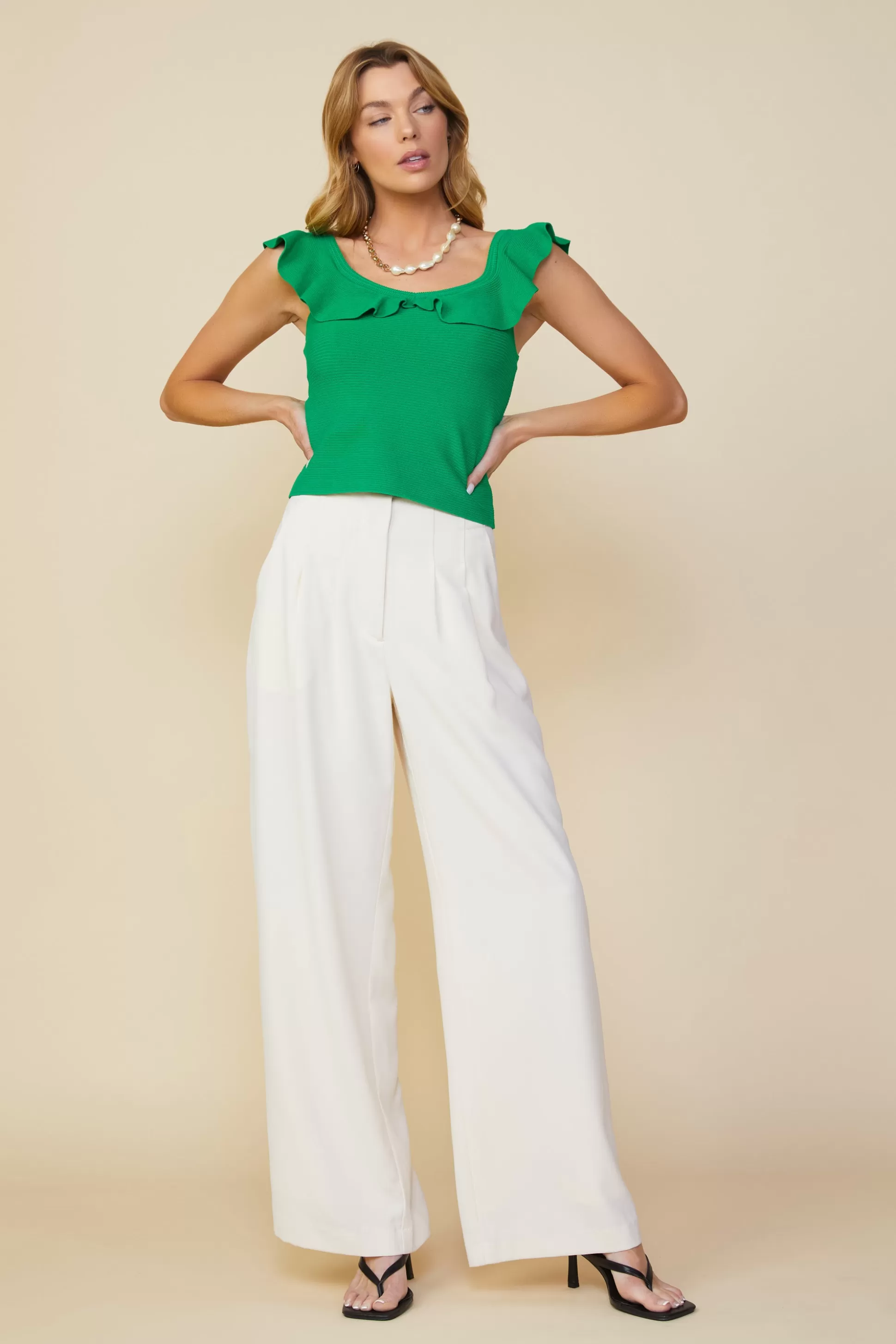 SKIES ARE BLUE Sleeveless Tops>Ruffle Detail Knit Top Kelly-green