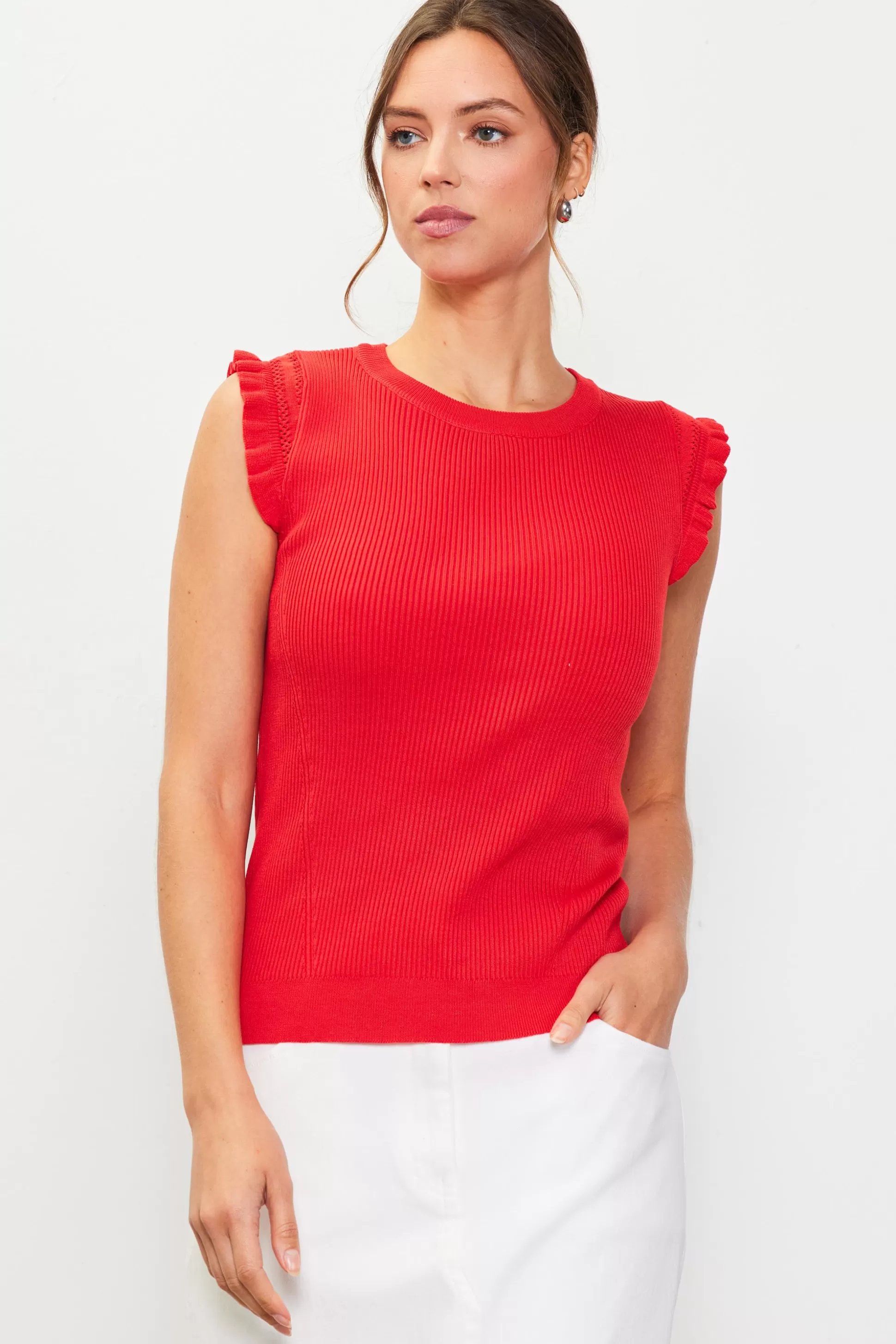 SKIES ARE BLUE Sleeveless Tops>Ruffle Sleeve Knit Top Poppyred