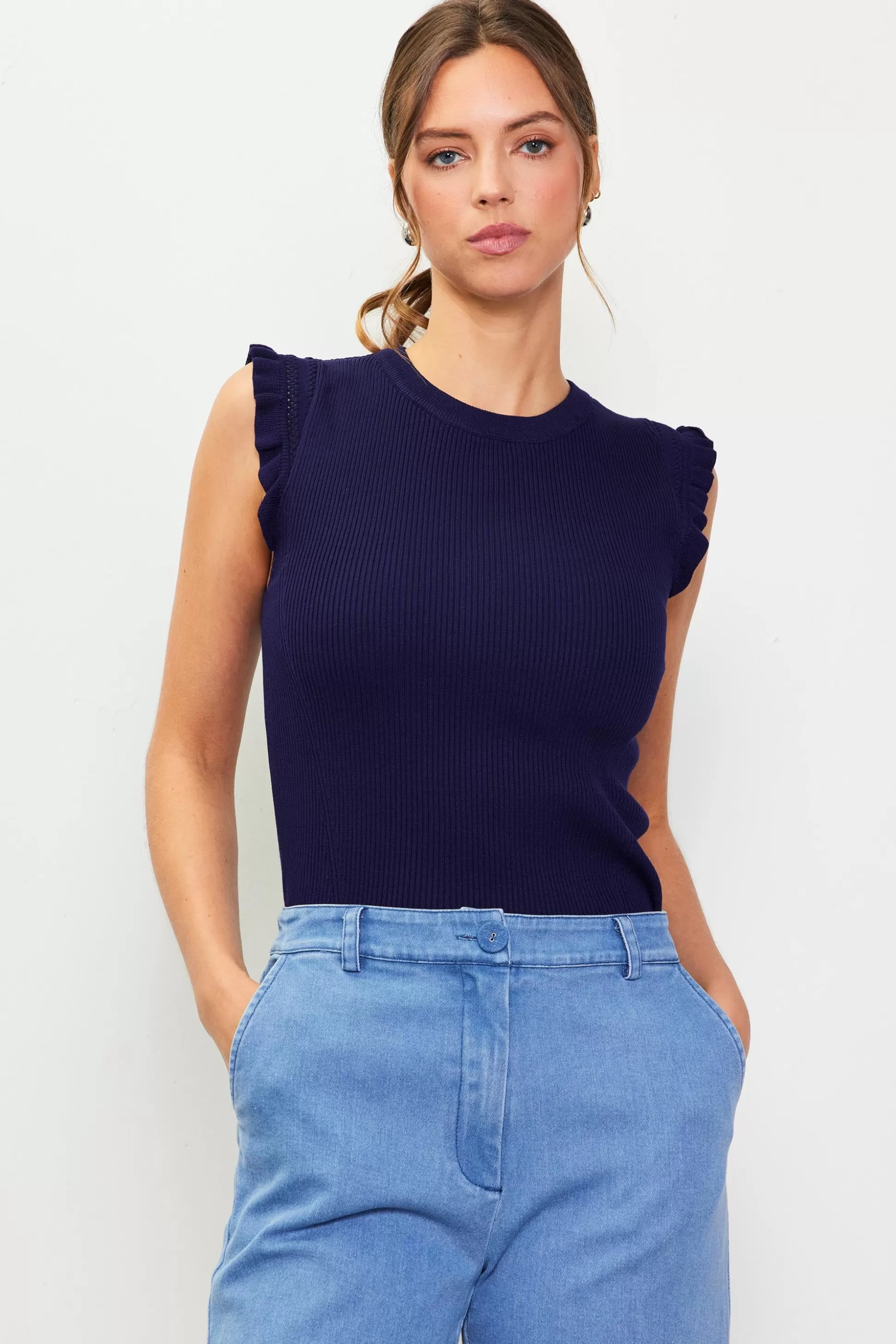 SKIES ARE BLUE Sleeveless Tops>Ruffle Sleeve Knit Top Navy