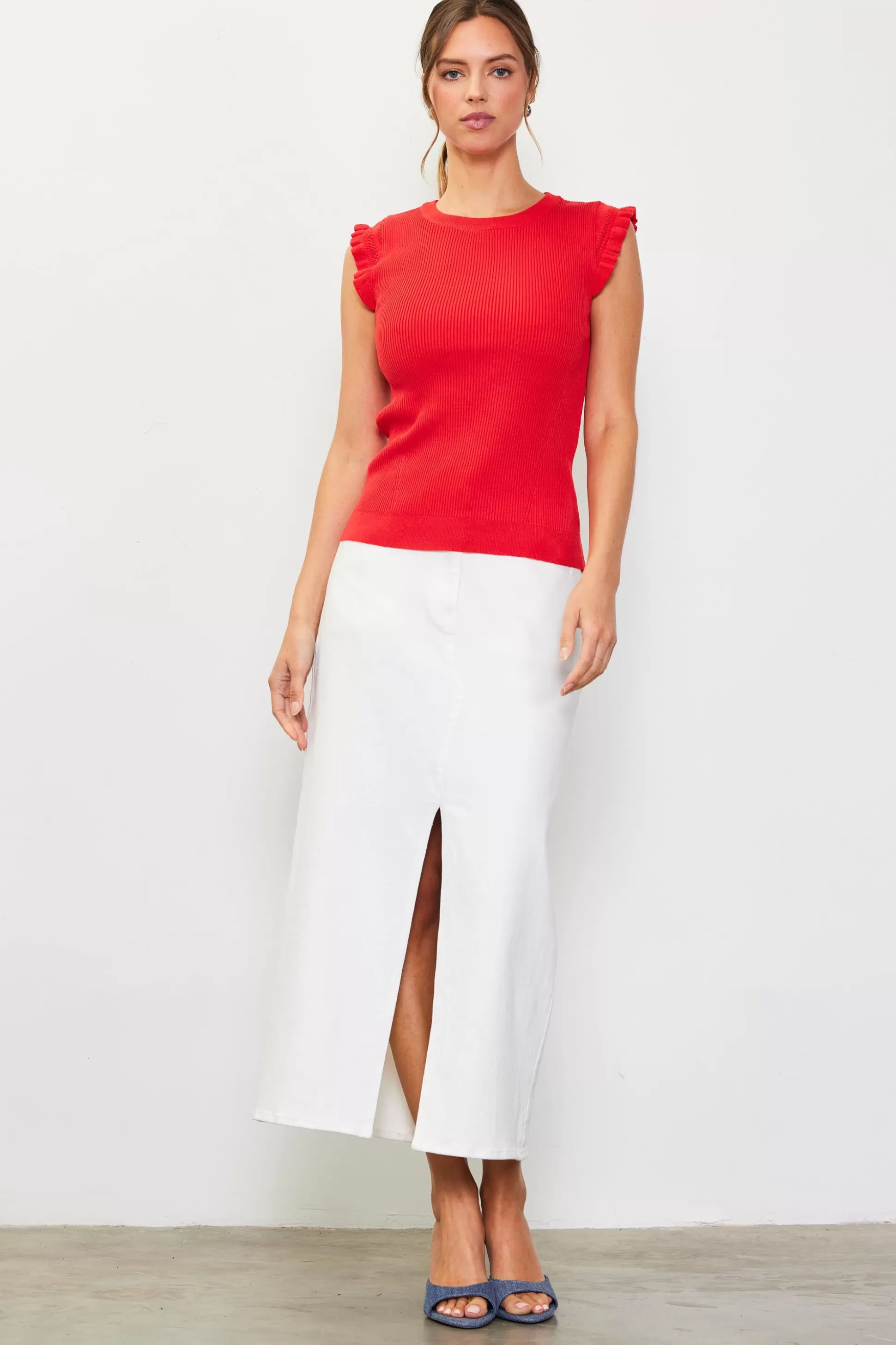 SKIES ARE BLUE Sleeveless Tops>Ruffle Sleeve Knit Top Poppyred