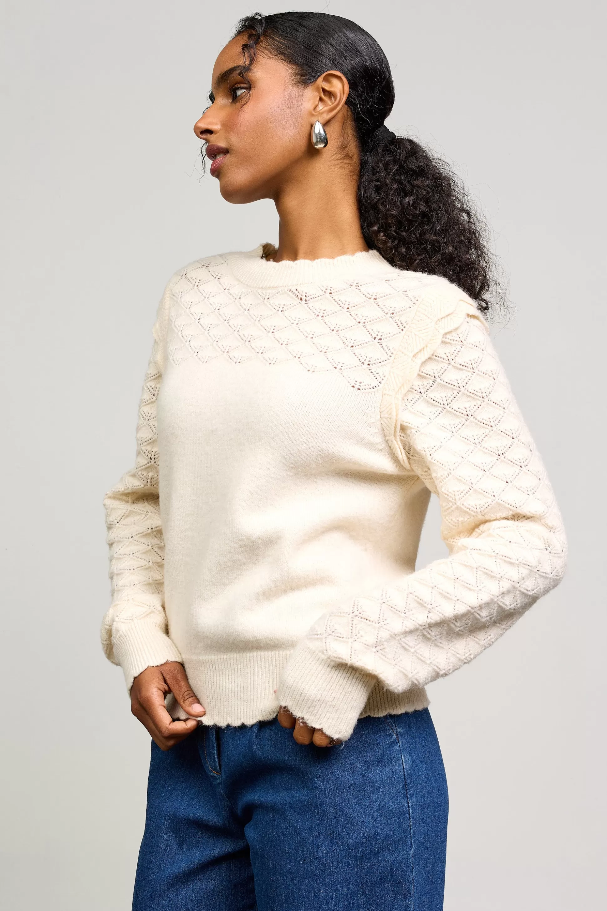 SKIES ARE BLUE Sweaters>Ruffled Sleeve Pointelle Sweater Cream