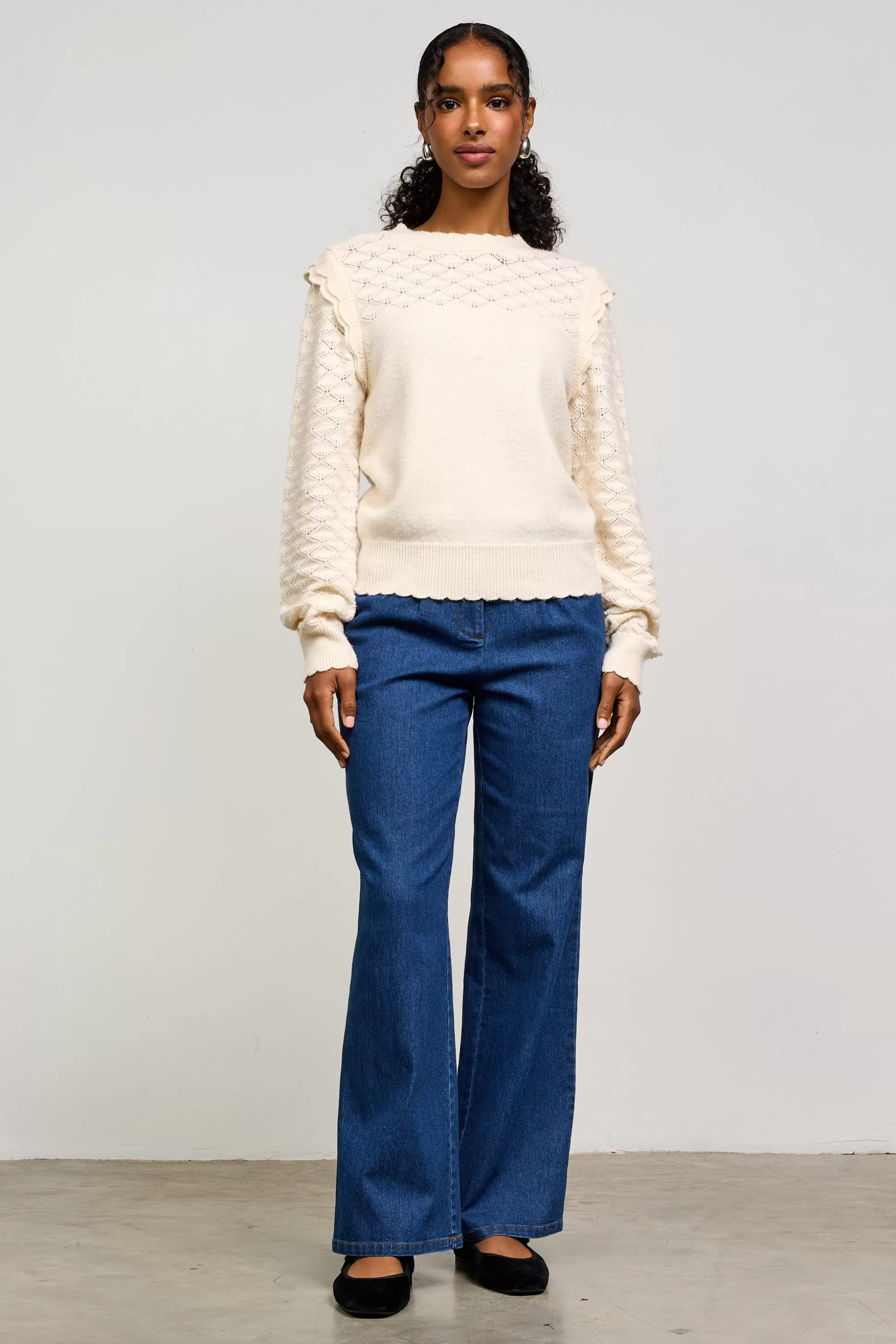 SKIES ARE BLUE Sweaters>Ruffled Sleeve Pointelle Sweater Cream