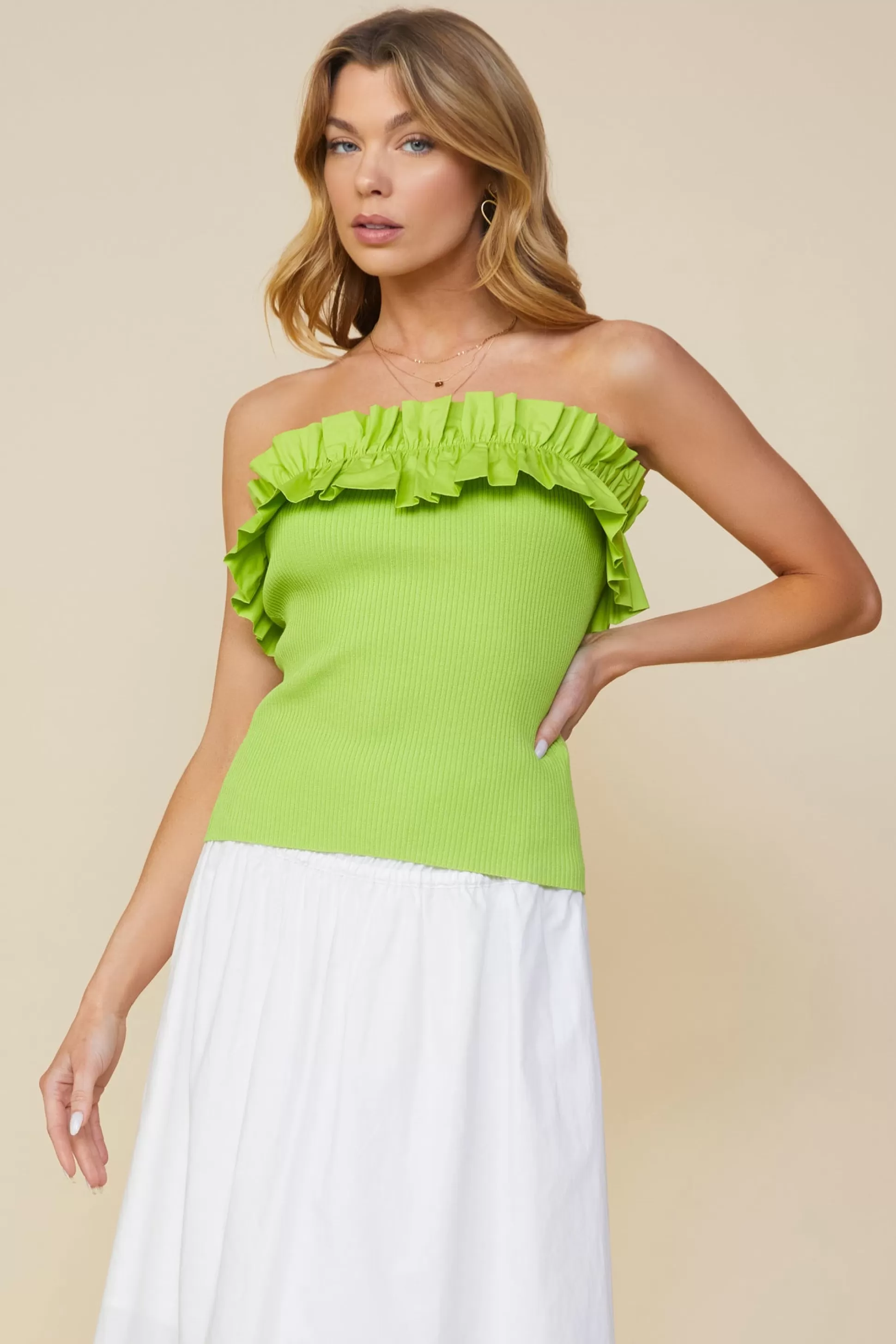 SKIES ARE BLUE Sleeveless Tops>Ruffled Strapless Top Limegreen