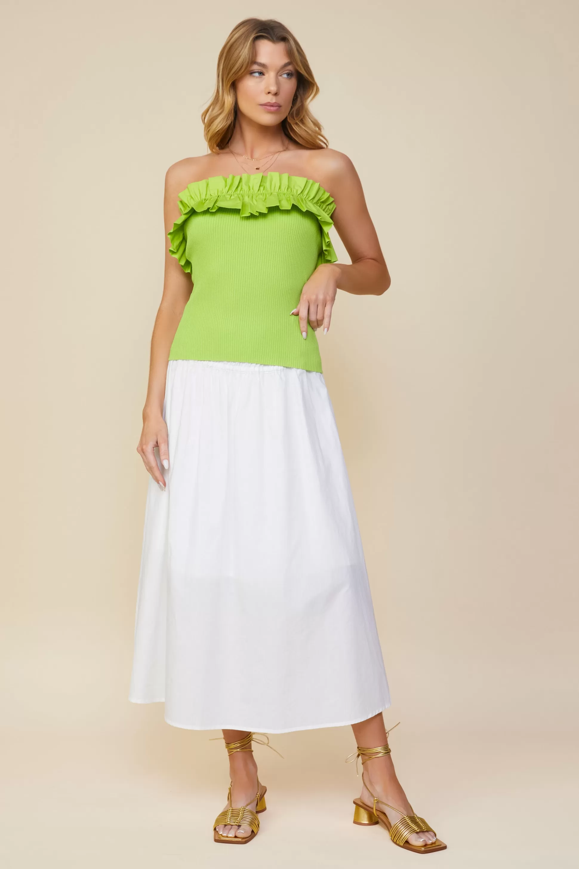 SKIES ARE BLUE Sleeveless Tops>Ruffled Strapless Top Limegreen