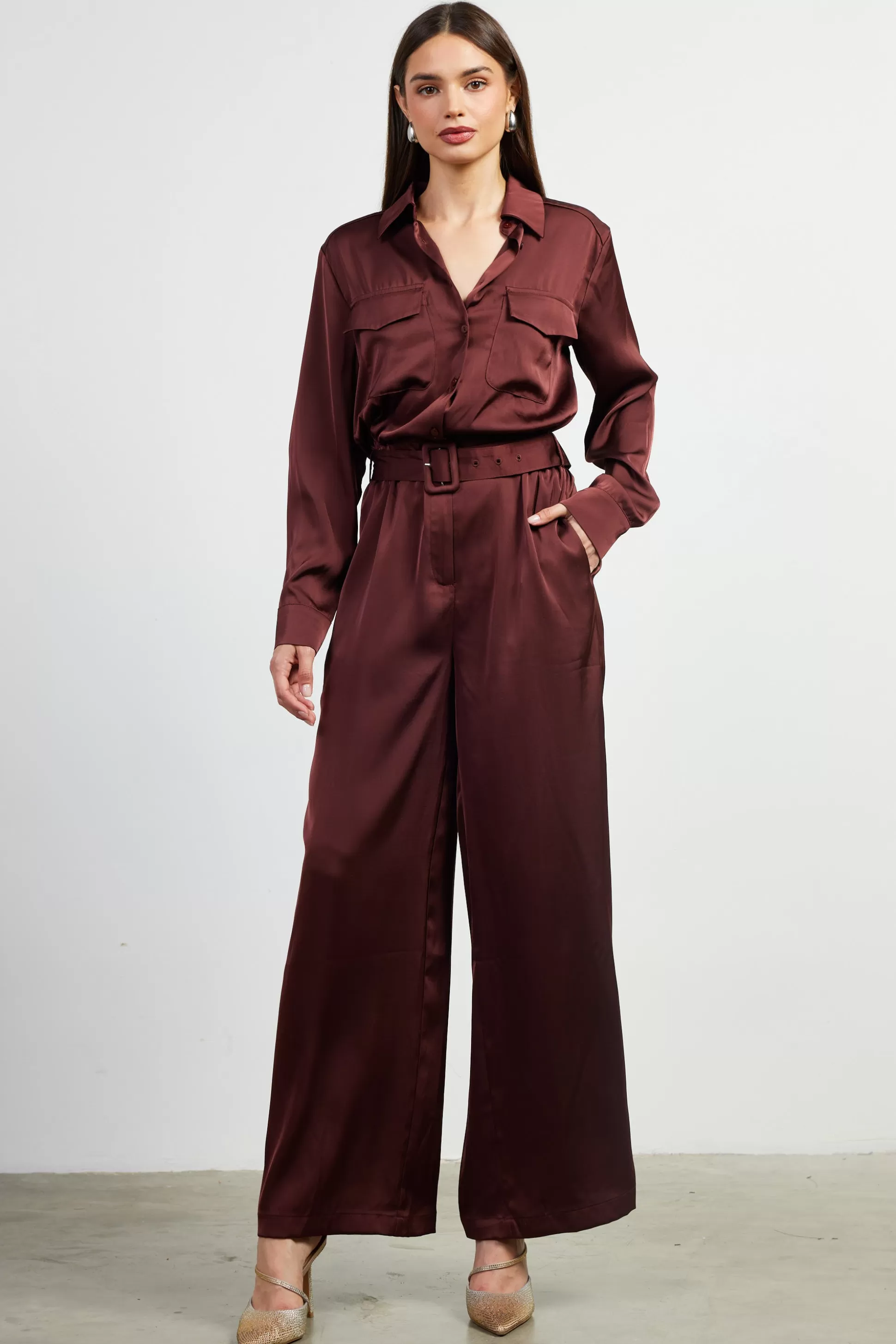 SKIES ARE BLUE Jumpsuits>Satin Button Down Belted Jumpsuit Chocolate