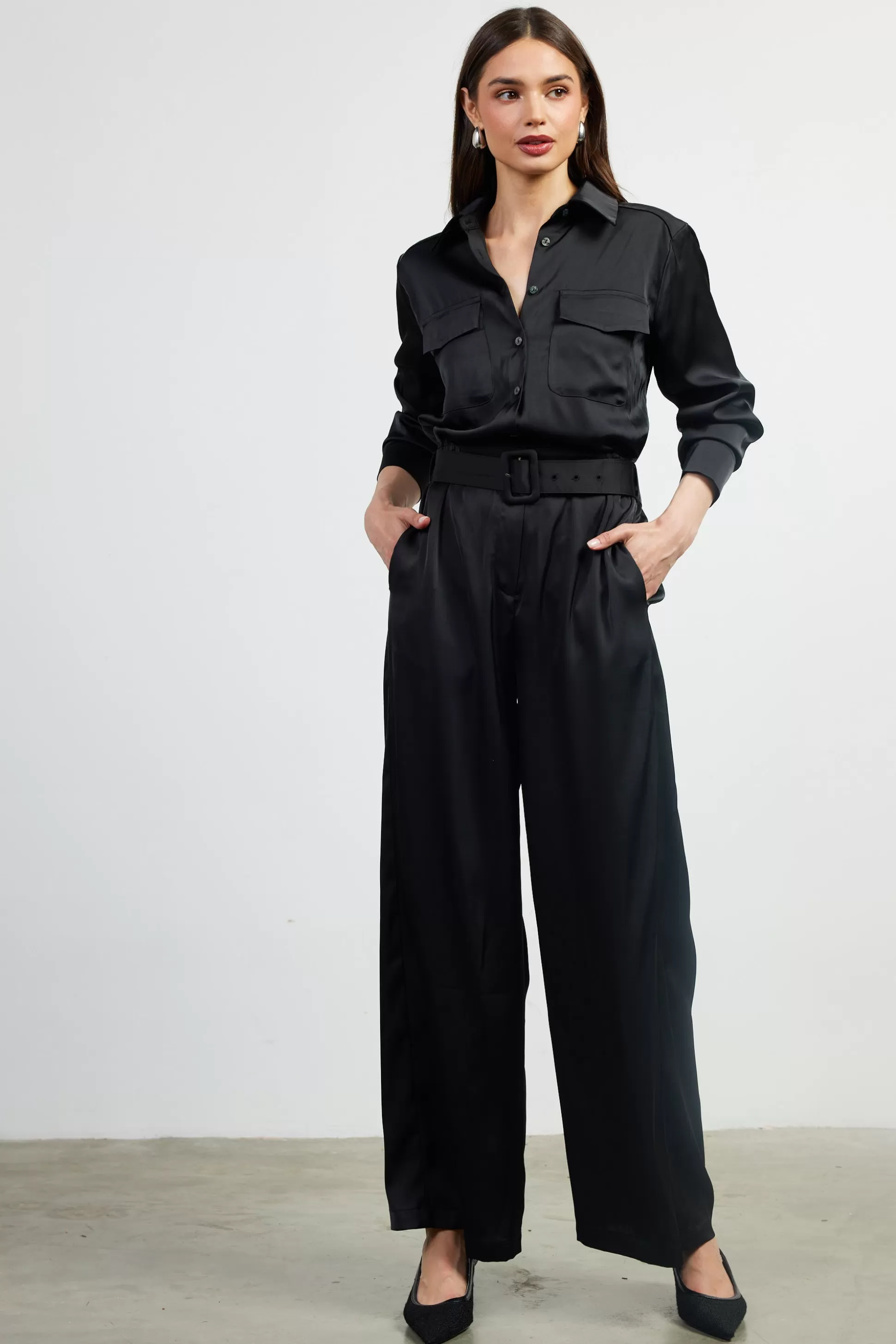 SKIES ARE BLUE Jumpsuits>Satin Button Down Belted Jumpsuit Black