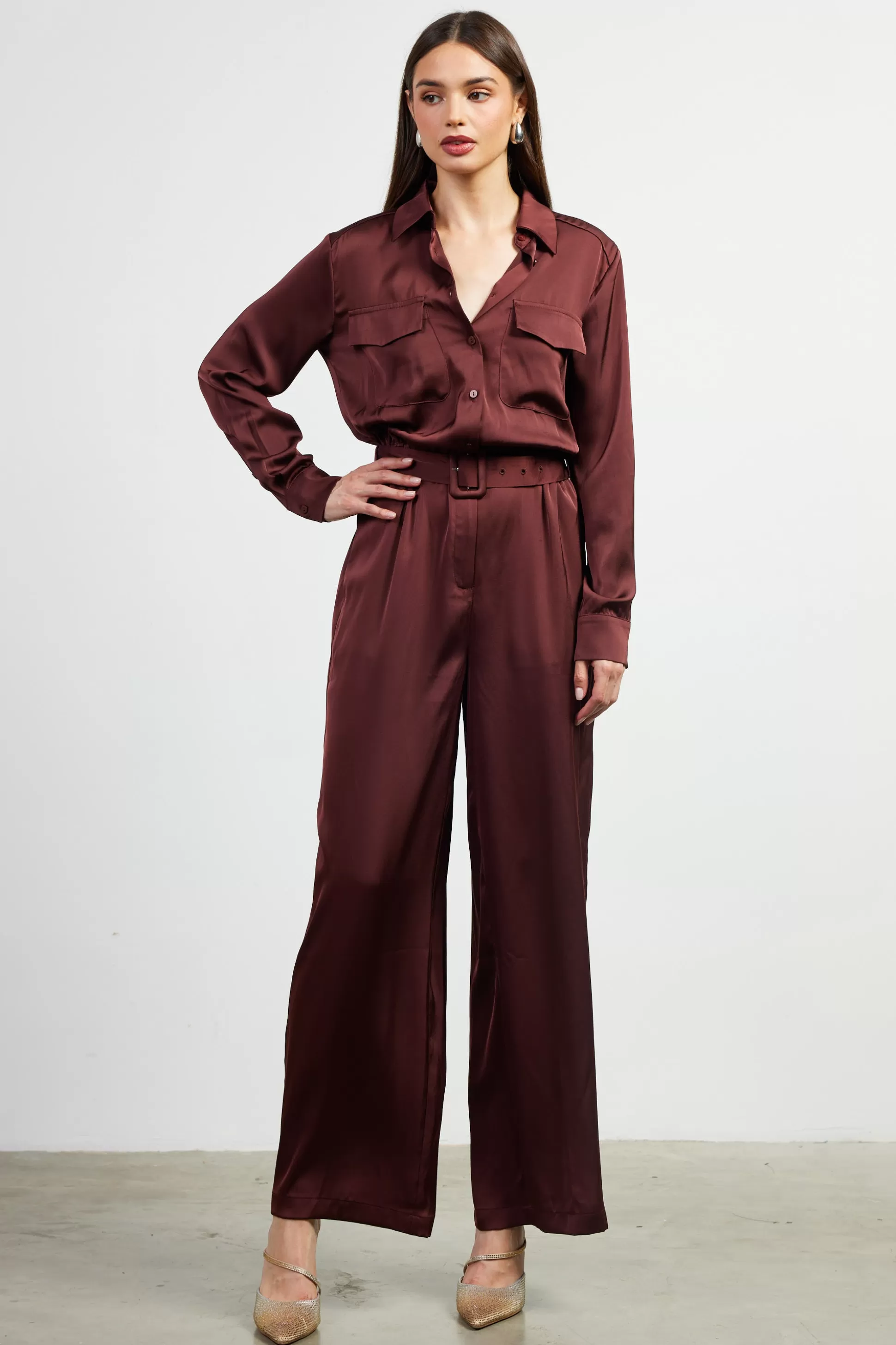 SKIES ARE BLUE Jumpsuits>Satin Button Down Belted Jumpsuit Chocolate