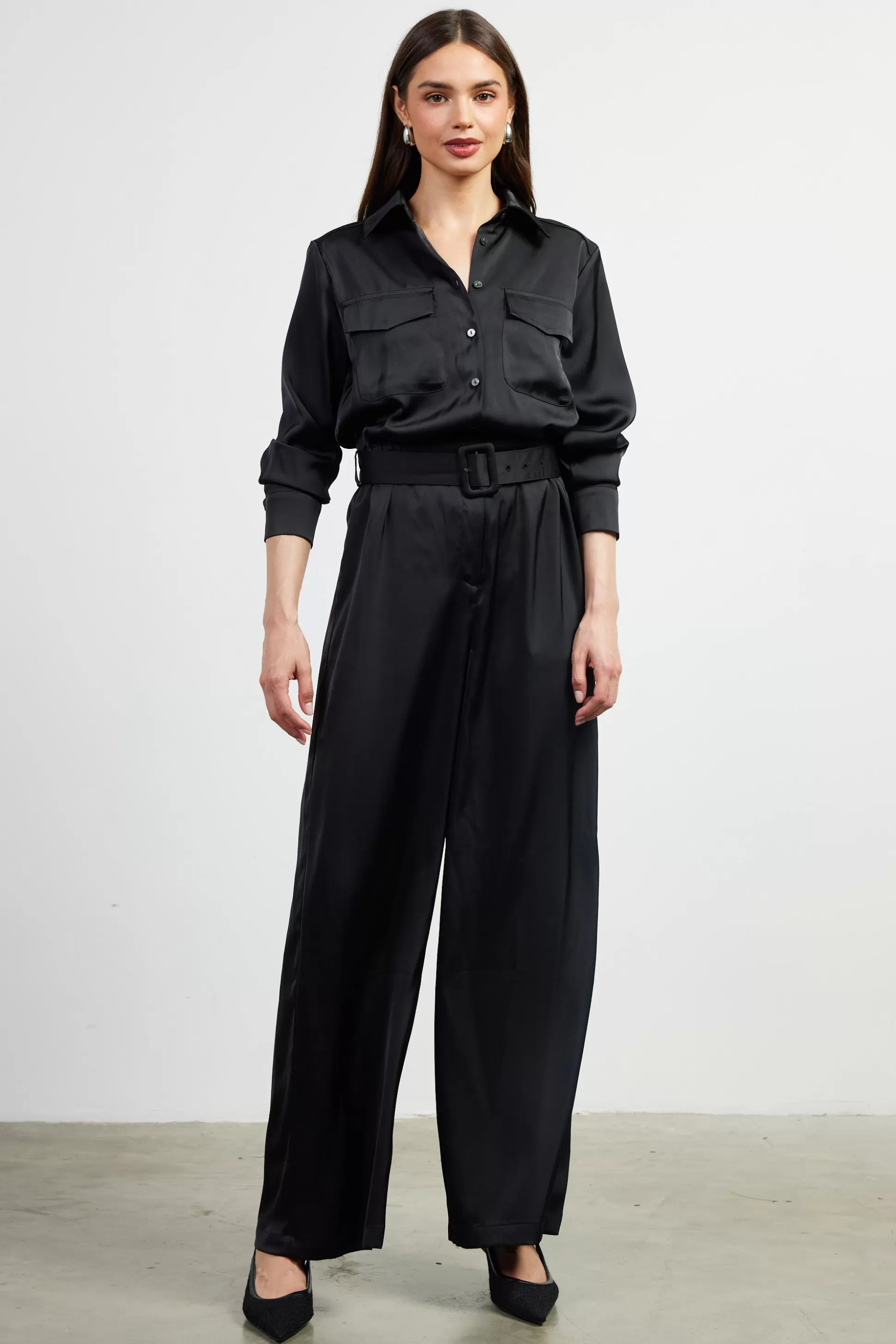 SKIES ARE BLUE Jumpsuits>Satin Button Down Belted Jumpsuit Black