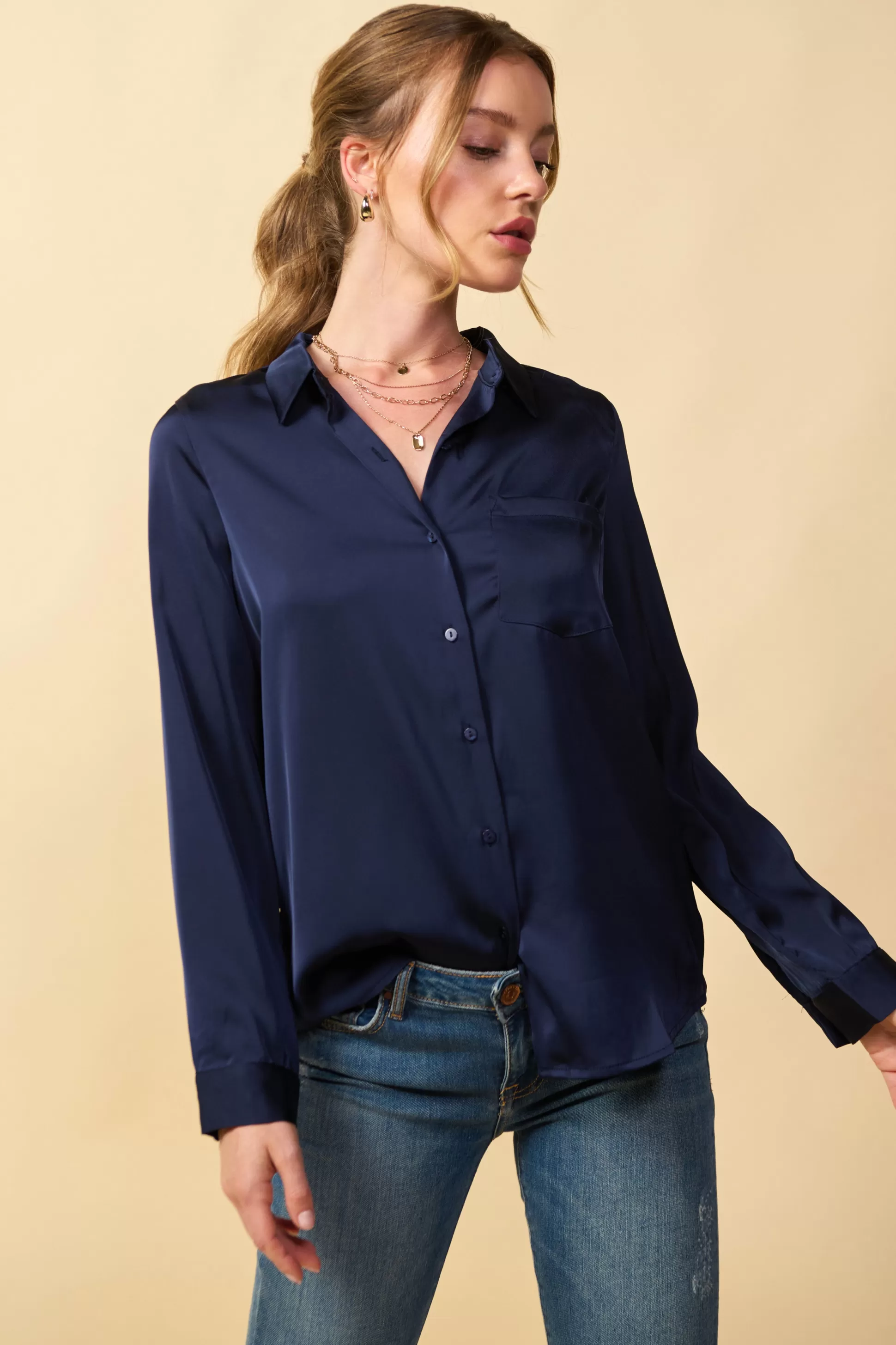 SKIES ARE BLUE Blouses>Satin Button Down Shirt Navy