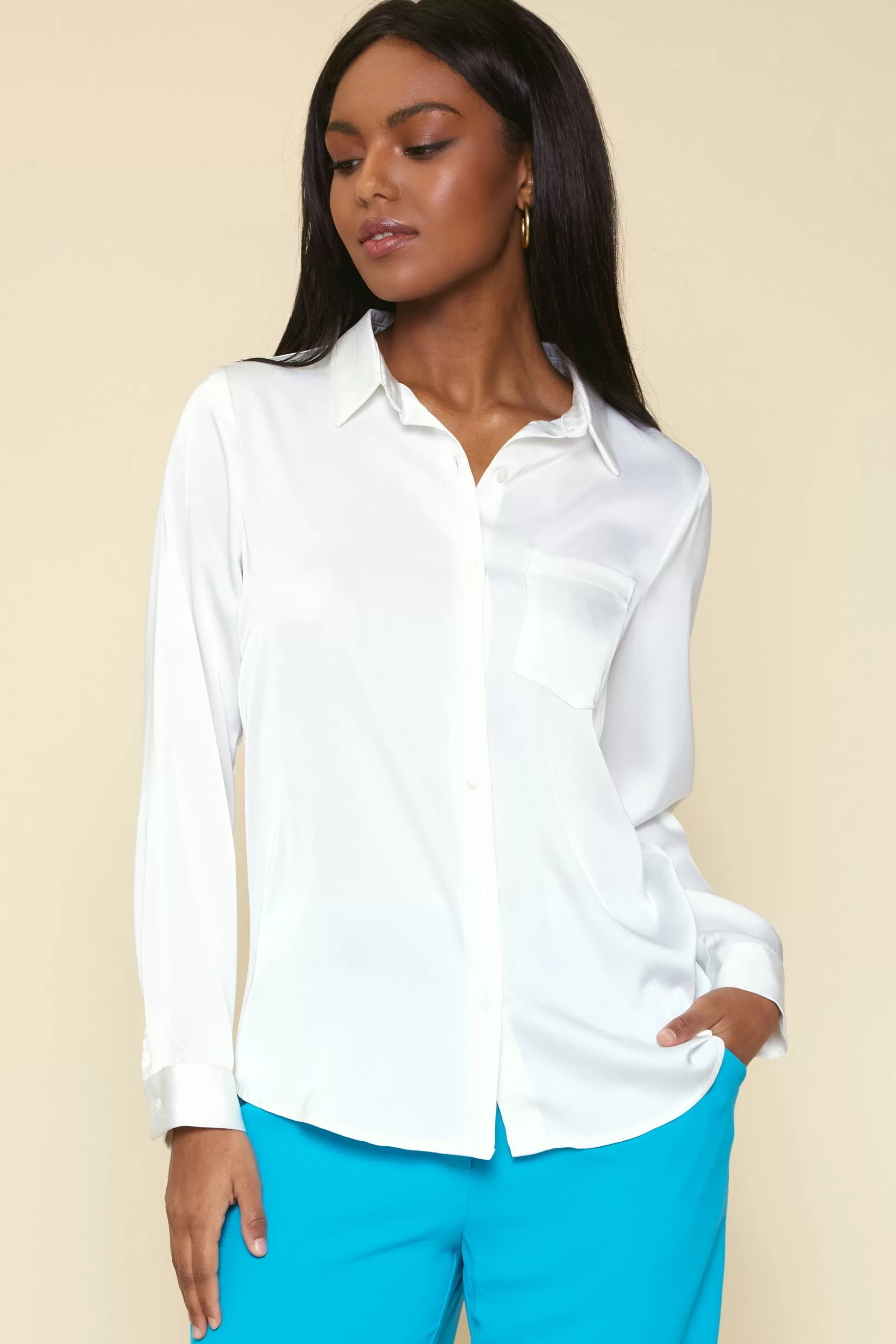 SKIES ARE BLUE Blouses | Long Sleeve Tops>Satin Button Down Shirt Offwhite