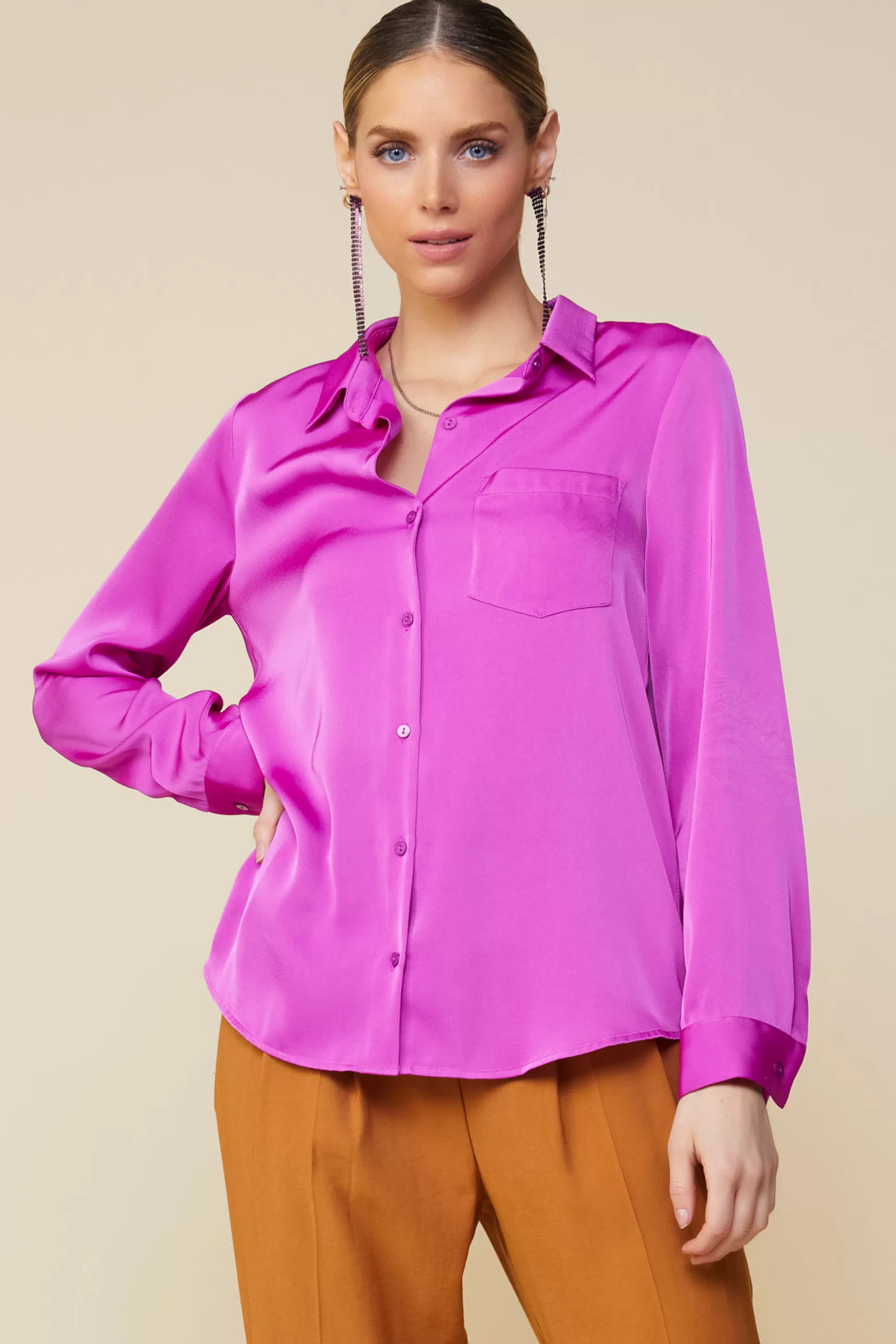 SKIES ARE BLUE Long Sleeve Tops>Satin Button Down Shirt Orchid