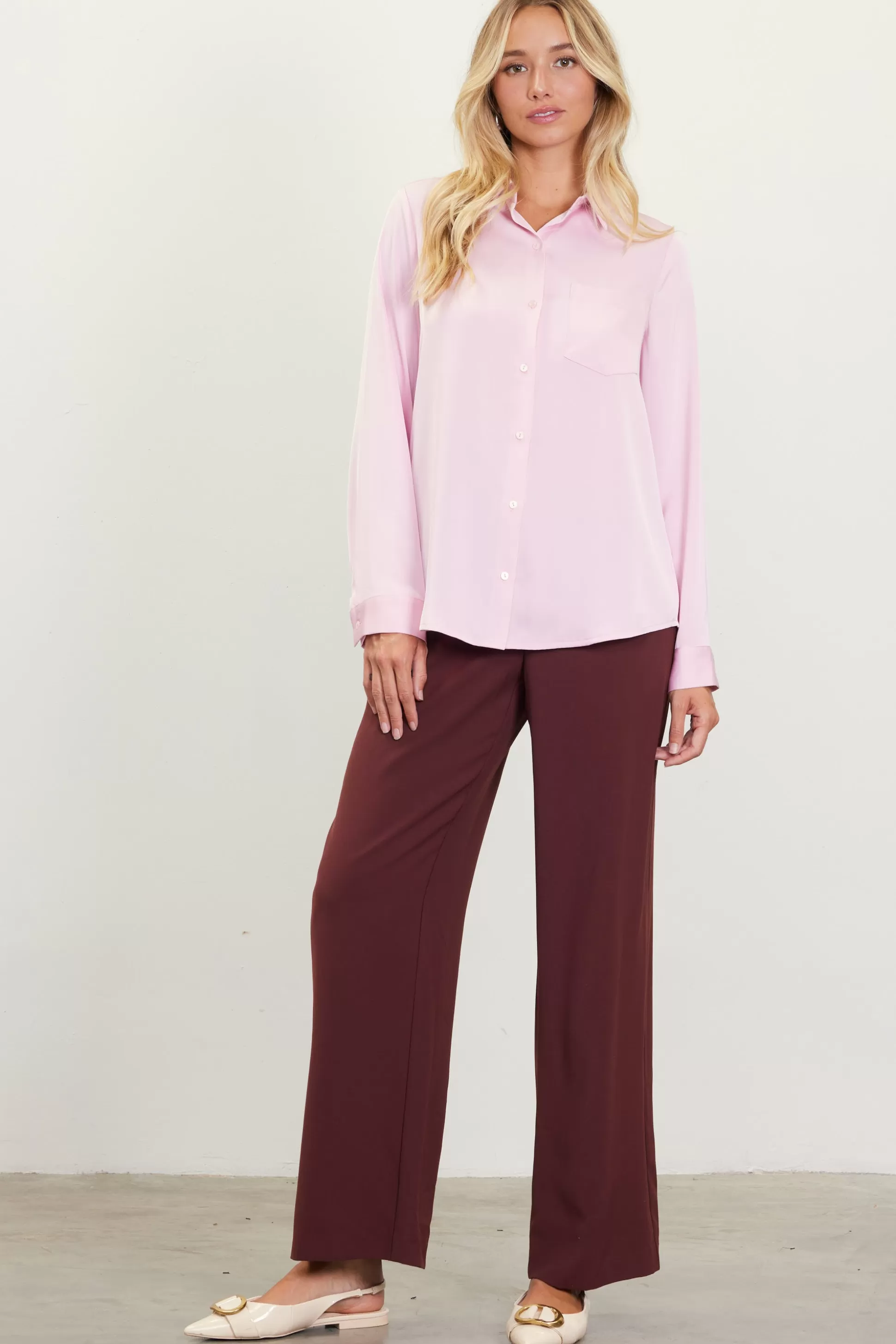 SKIES ARE BLUE Blouses | Long Sleeve Tops>Satin Button Down Top Petalpink