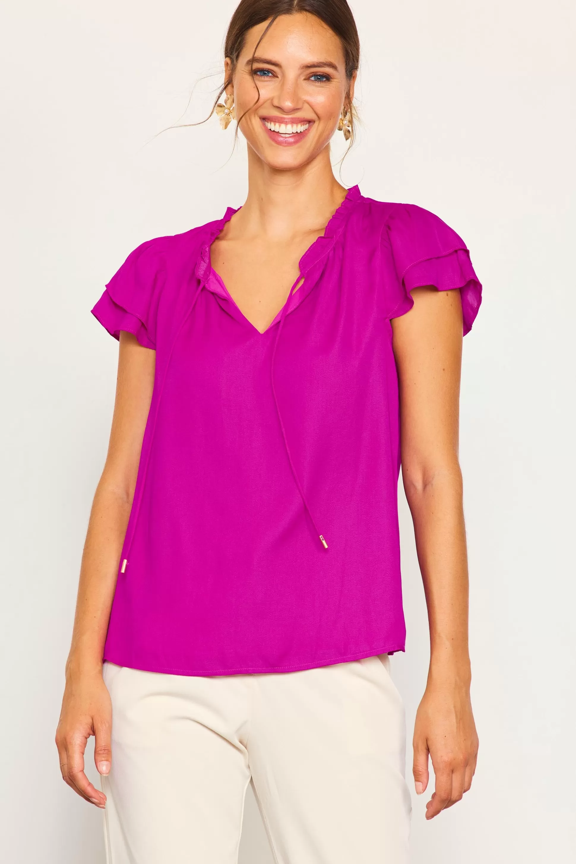 SKIES ARE BLUE Short Sleeve Tops>Satin Ruffled Detail Top Orchid