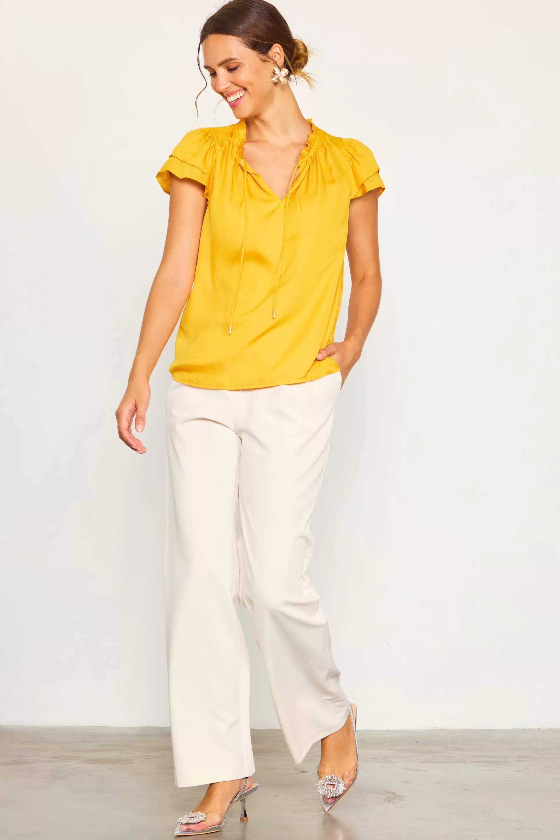 SKIES ARE BLUE Short Sleeve Tops>Satin Ruffled Detail Top Marigold