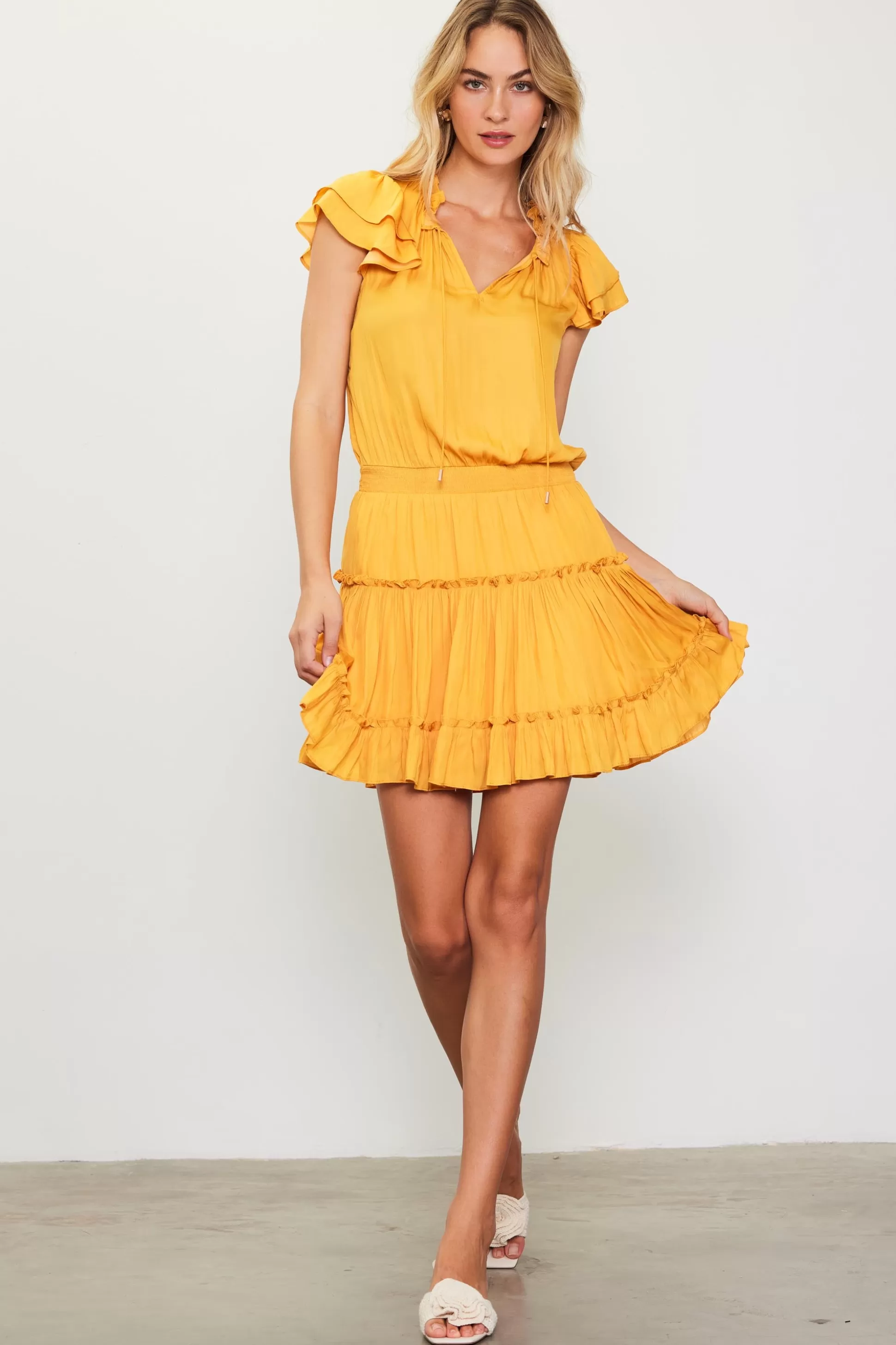 SKIES ARE BLUE Mini Dresses>Satin Ruffled Sleeve Mini Dress Marigold