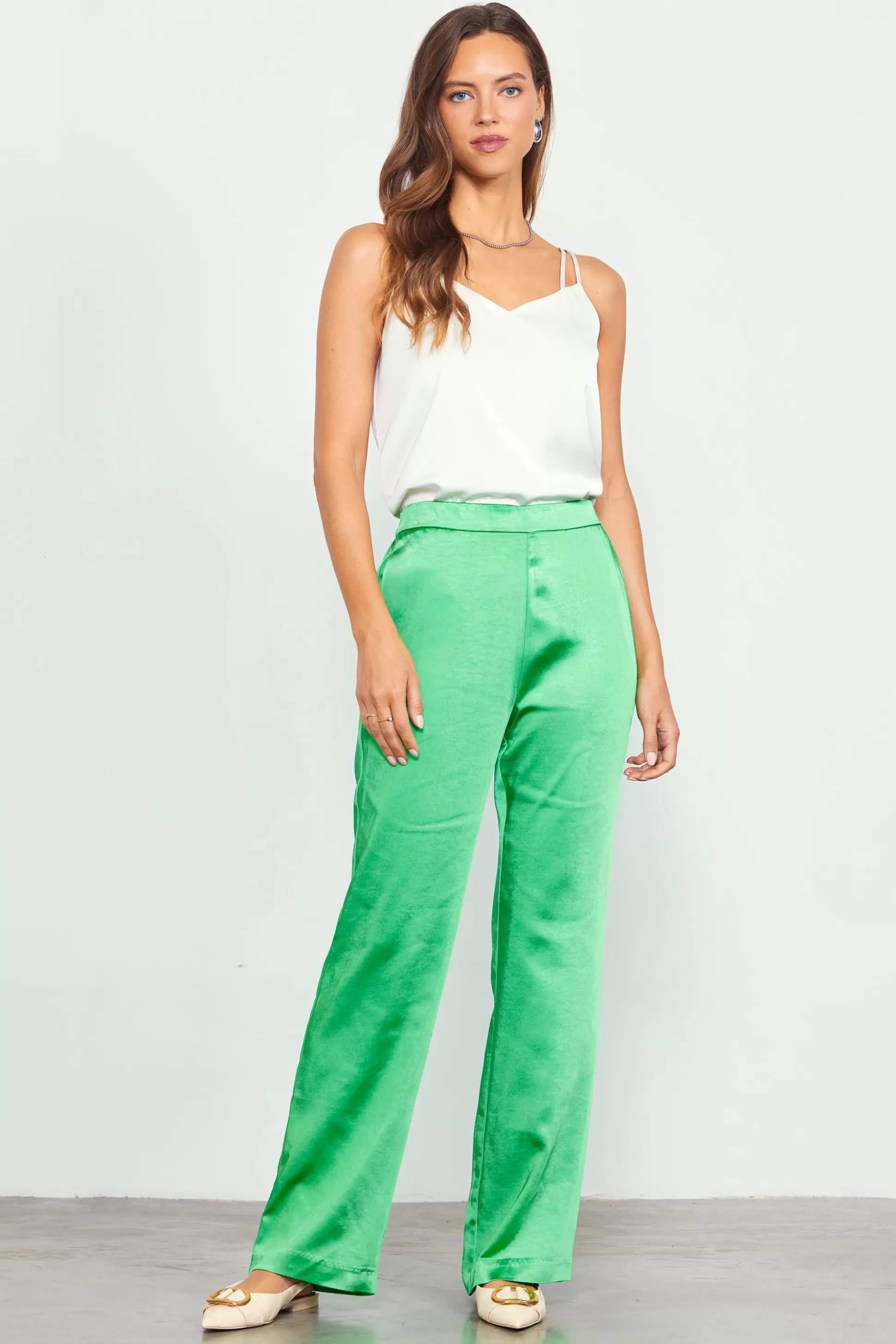 SKIES ARE BLUE Pants>Satin Straight Leg Pant Spearmint