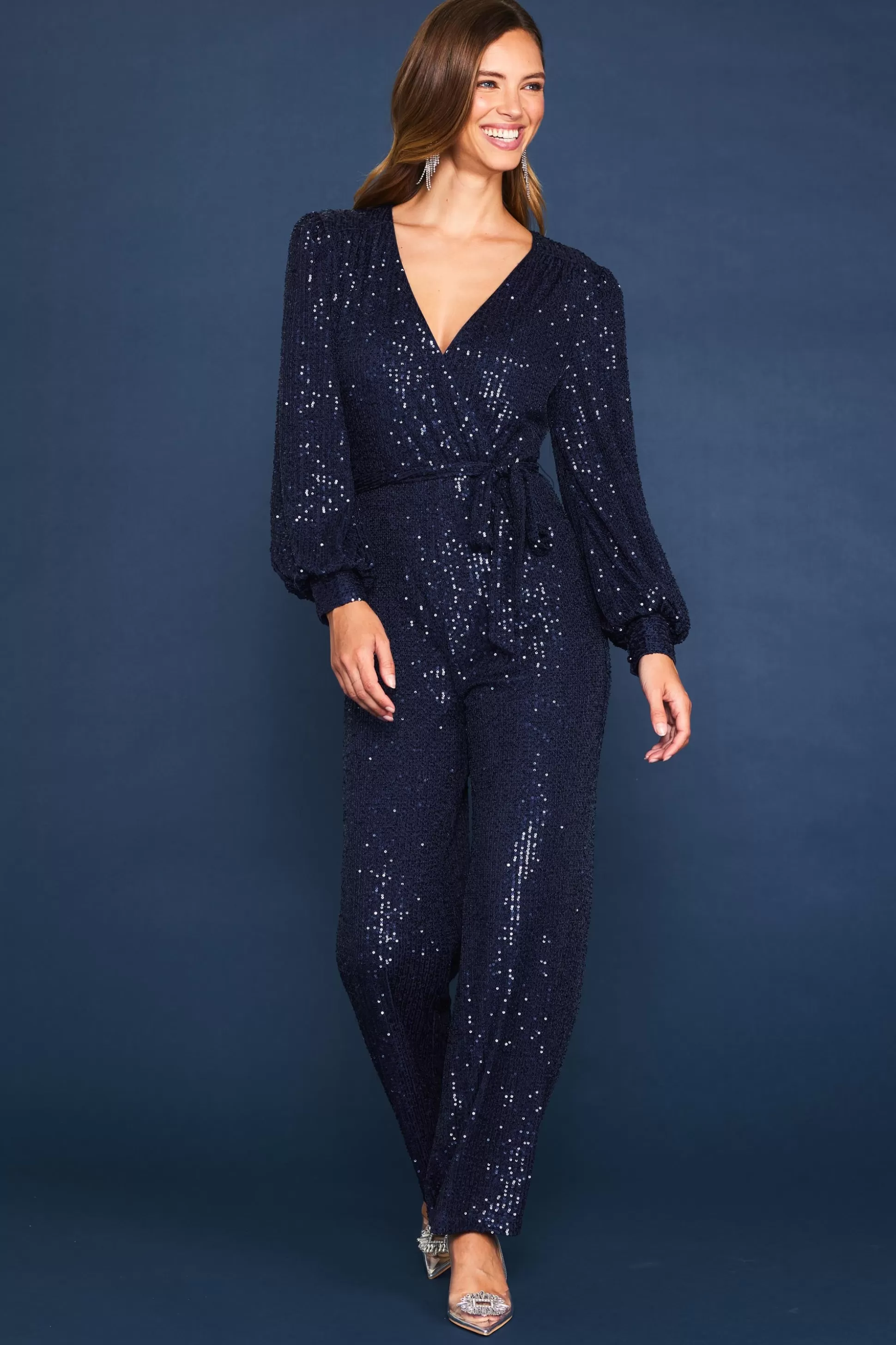 SKIES ARE BLUE Jumpsuits>Sequin Wrap Jumpsuit Navy