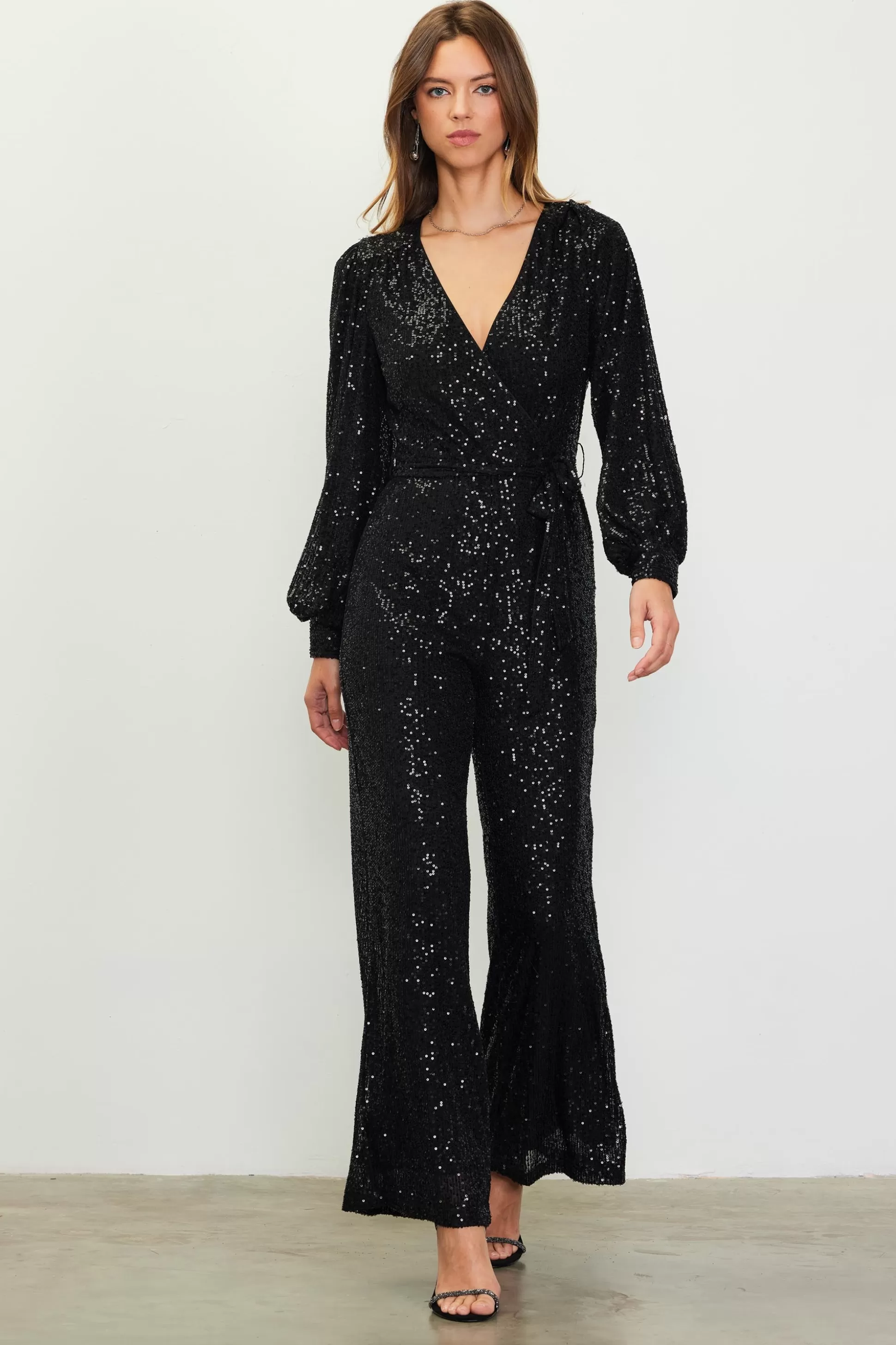 SKIES ARE BLUE Jumpsuits>Sequin Wrap Jumpsuit Black