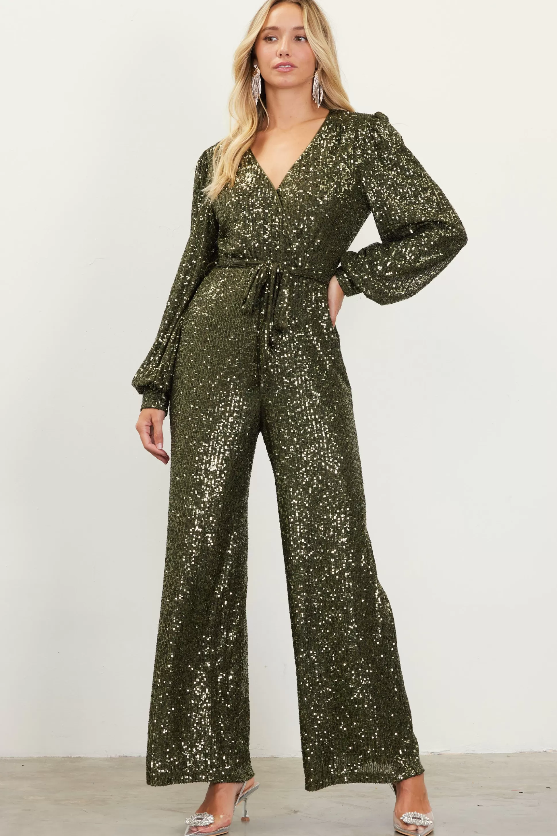 SKIES ARE BLUE Jumpsuits>Sequin Wrap Jumpsuit Olive