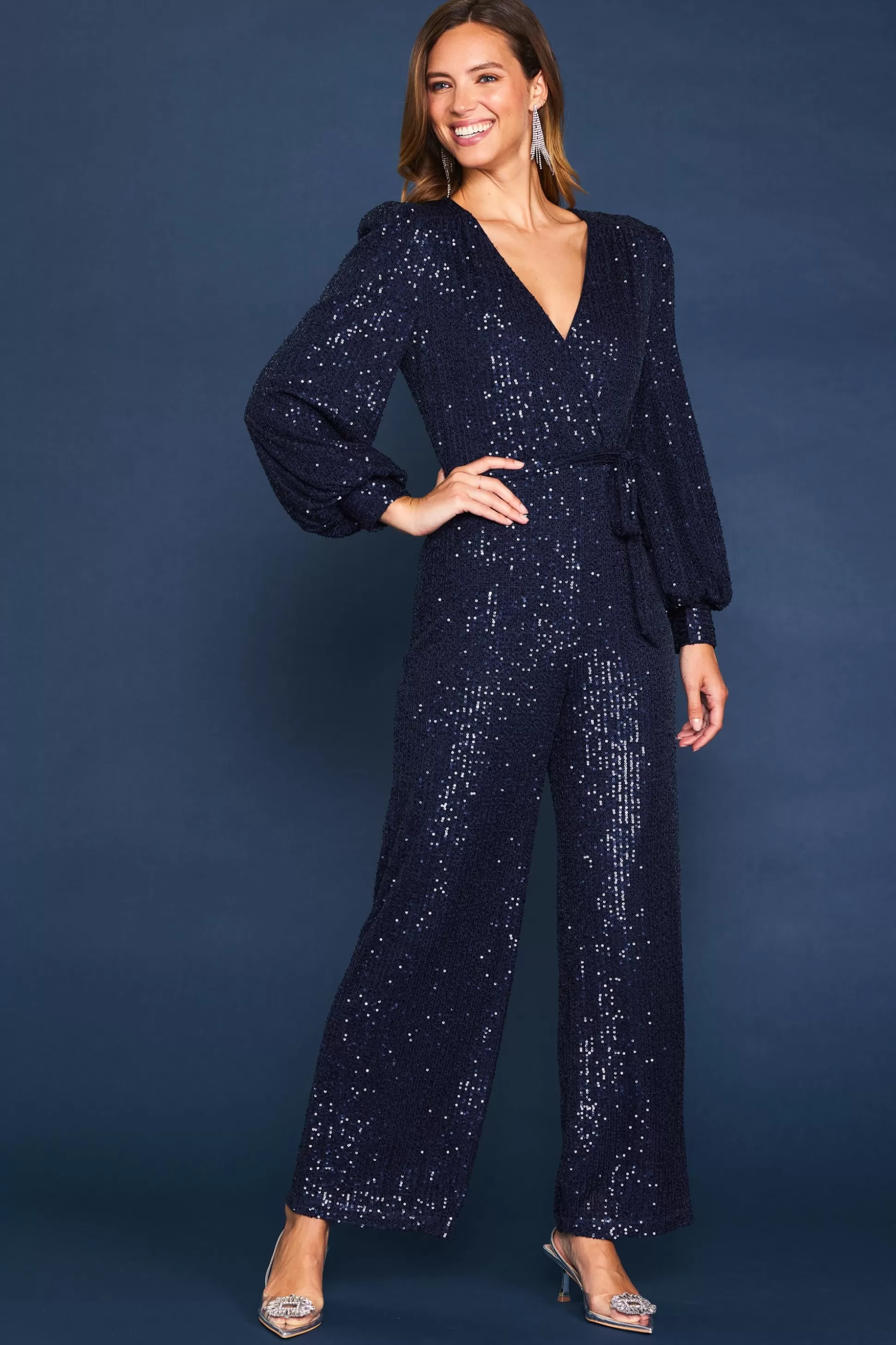 SKIES ARE BLUE Jumpsuits>Sequin Wrap Jumpsuit Navy