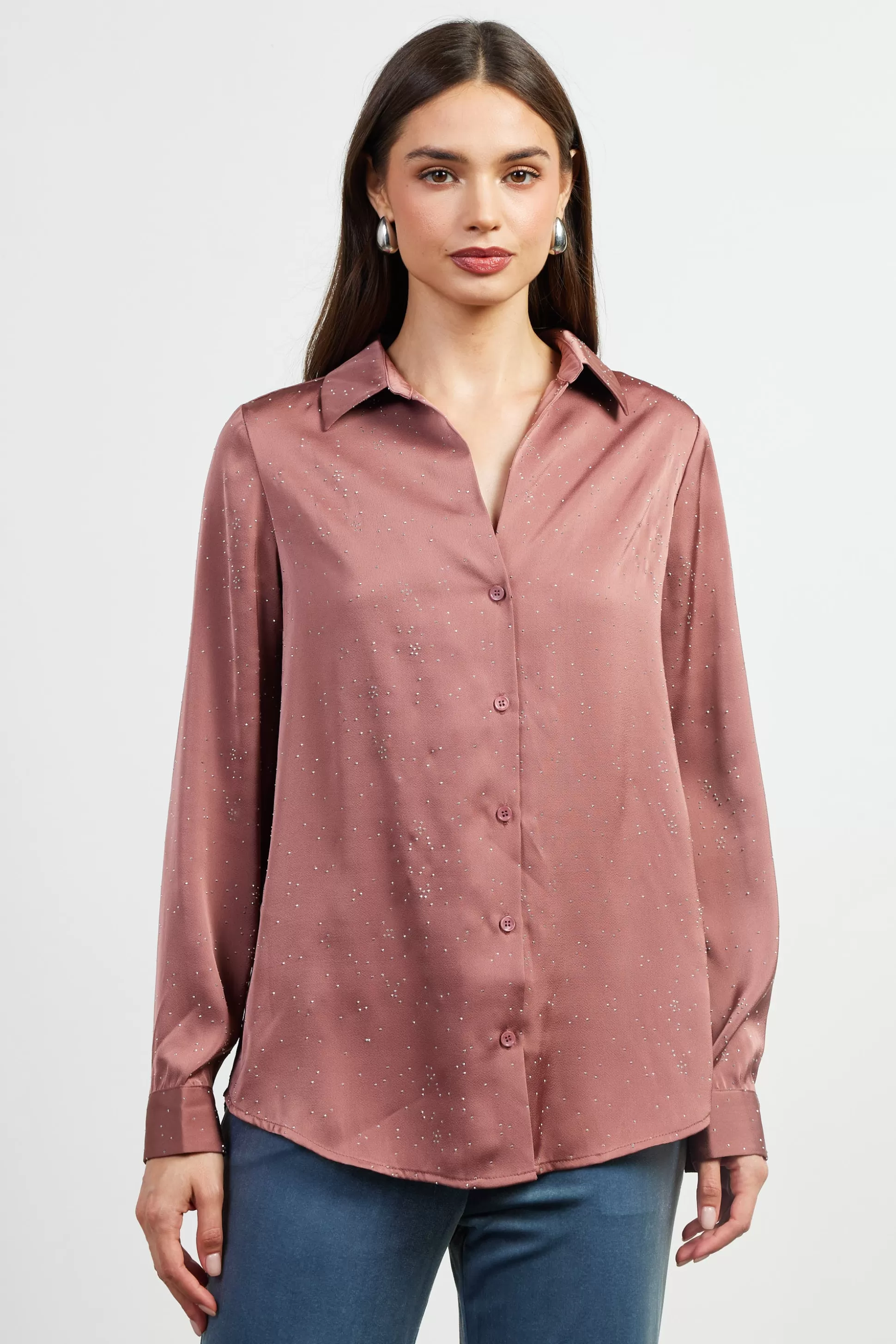 SKIES ARE BLUE Blouses | Long Sleeve Tops>Shimmery Button Down Blouse Mauve