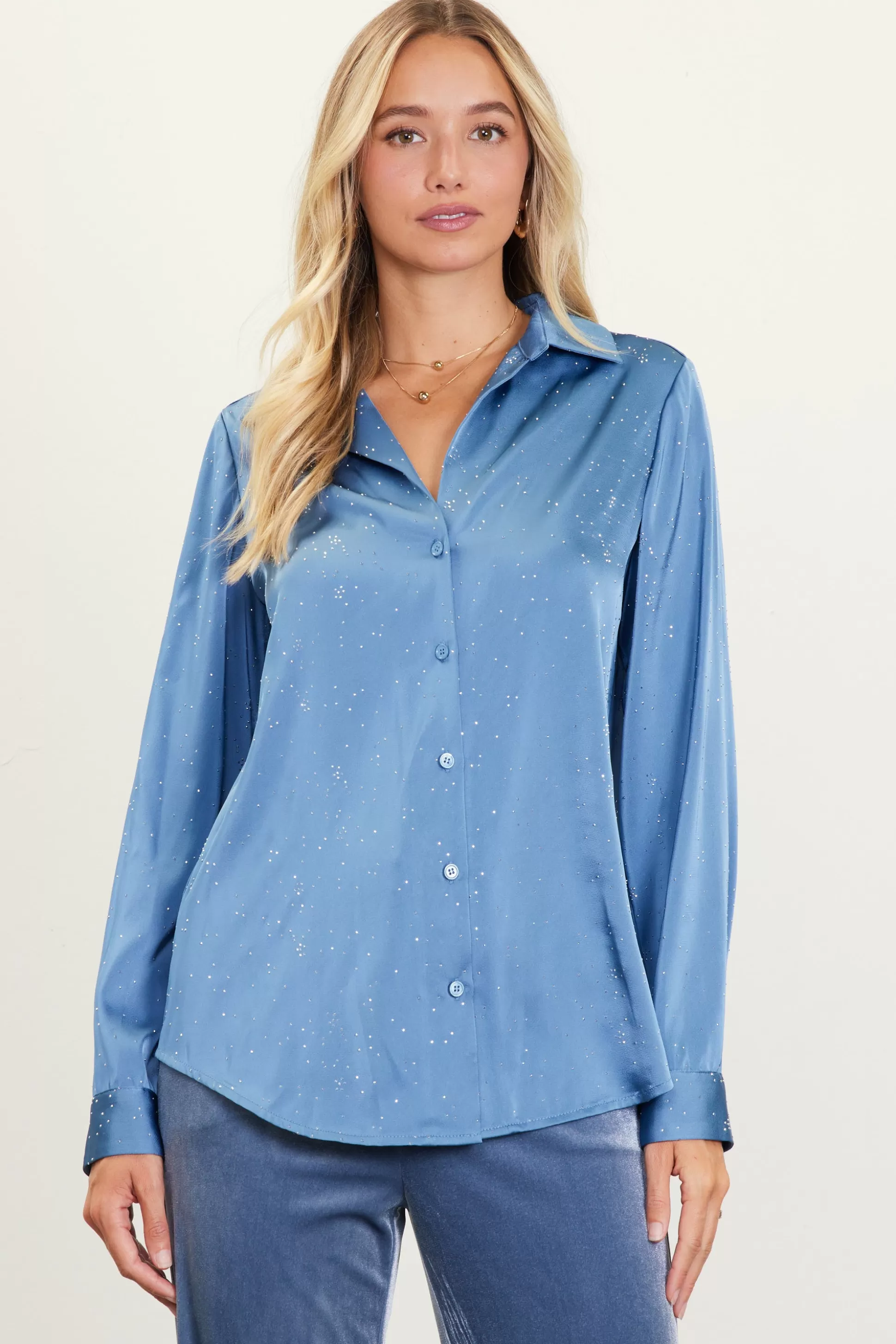 SKIES ARE BLUE Long Sleeve Tops>Shimmery Button Down Blouse Dustyblue