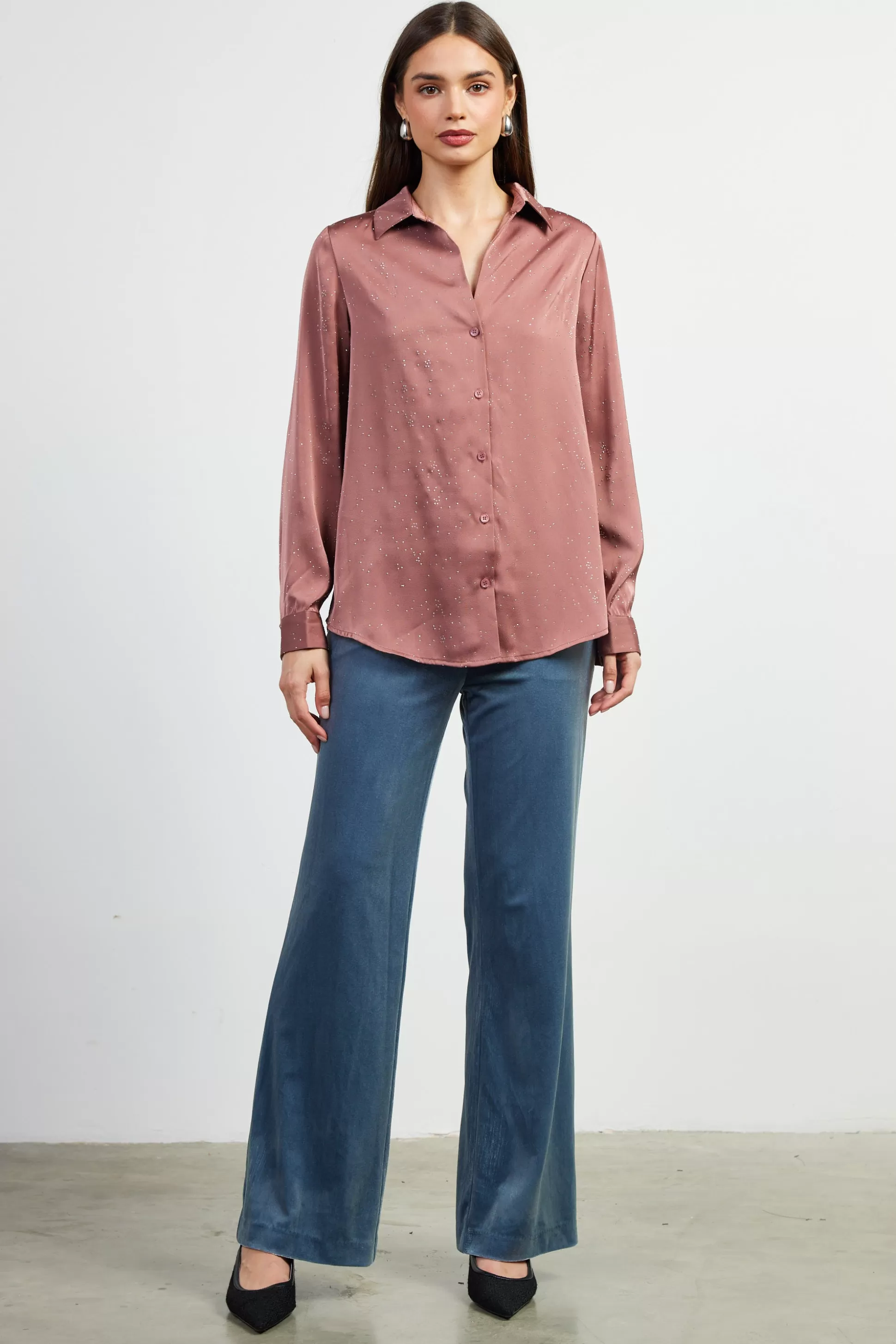 SKIES ARE BLUE Blouses | Long Sleeve Tops>Shimmery Button Down Blouse Mauve