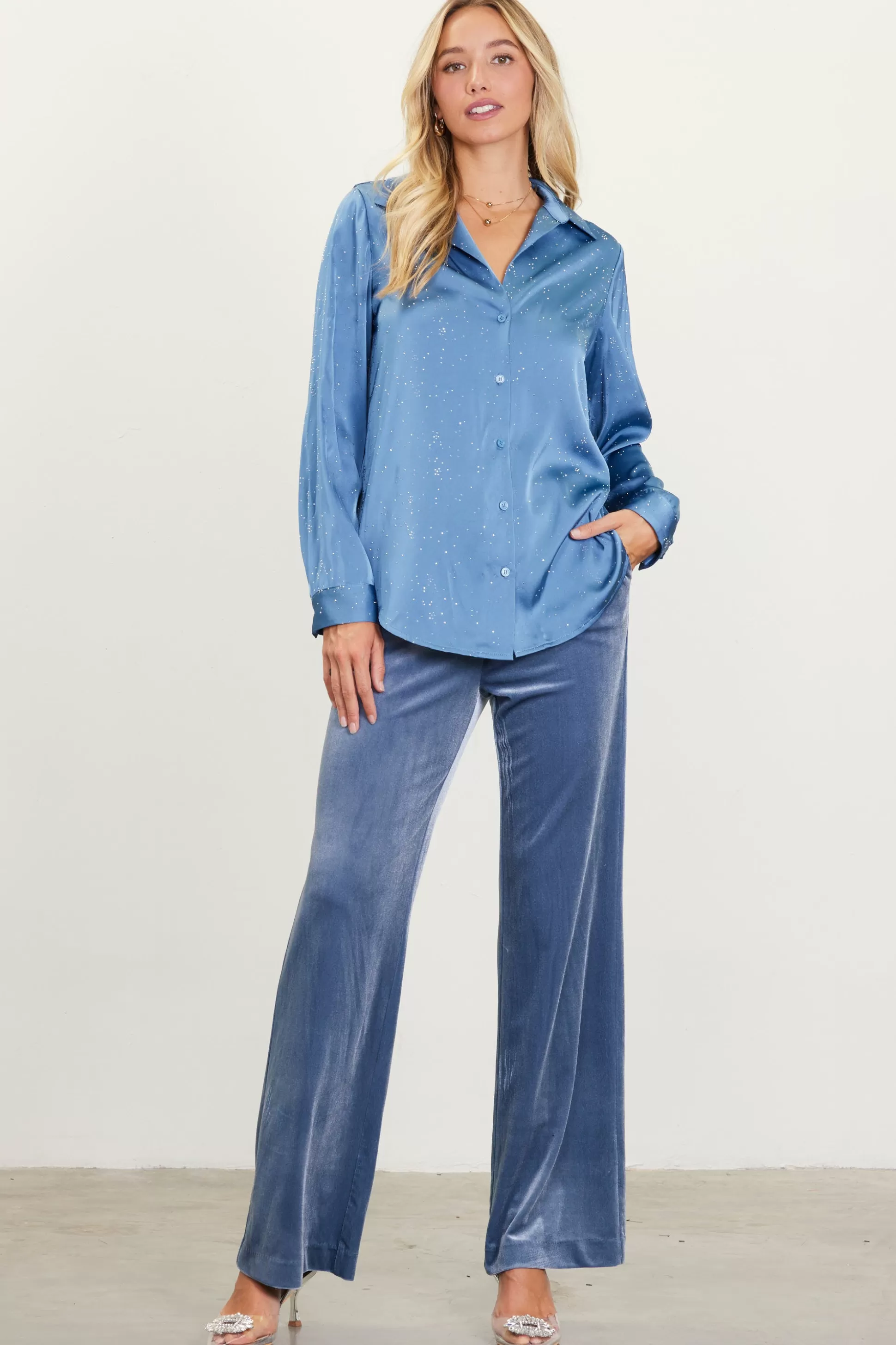 SKIES ARE BLUE Long Sleeve Tops>Shimmery Button Down Blouse Dustyblue