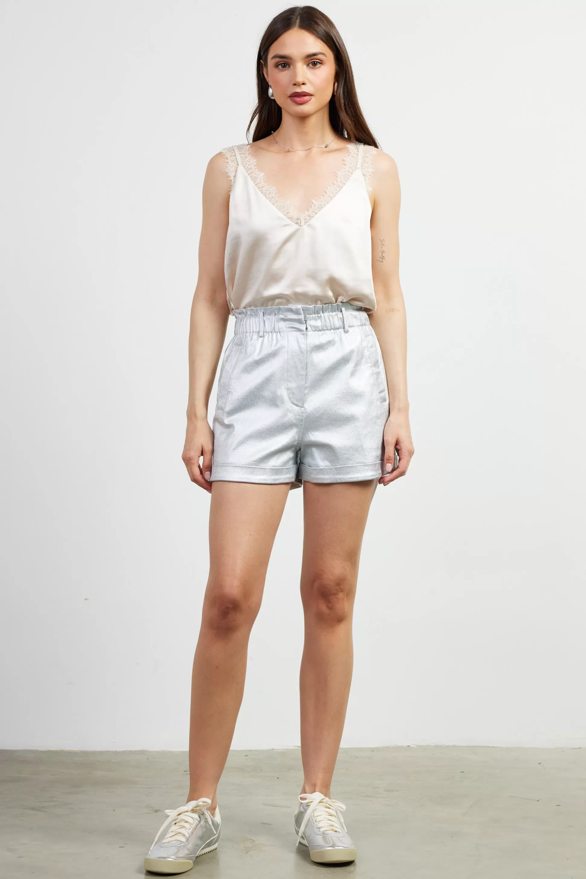 SKIES ARE BLUE Shorts>Shimmery Paperbag Shorts Silver