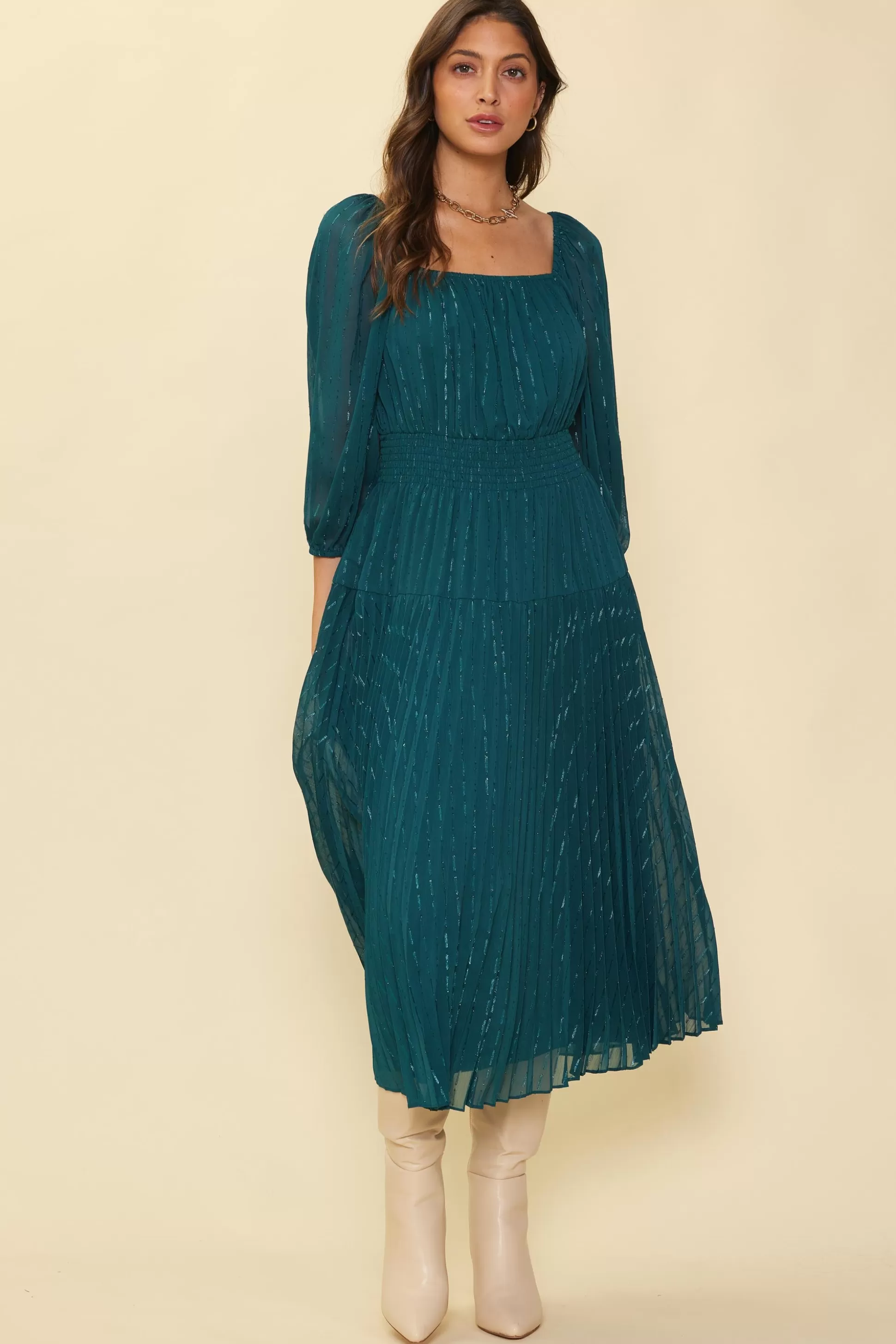 SKIES ARE BLUE Midi Dresses>Shimmery Pleated Midi Dress Gemstonegreen