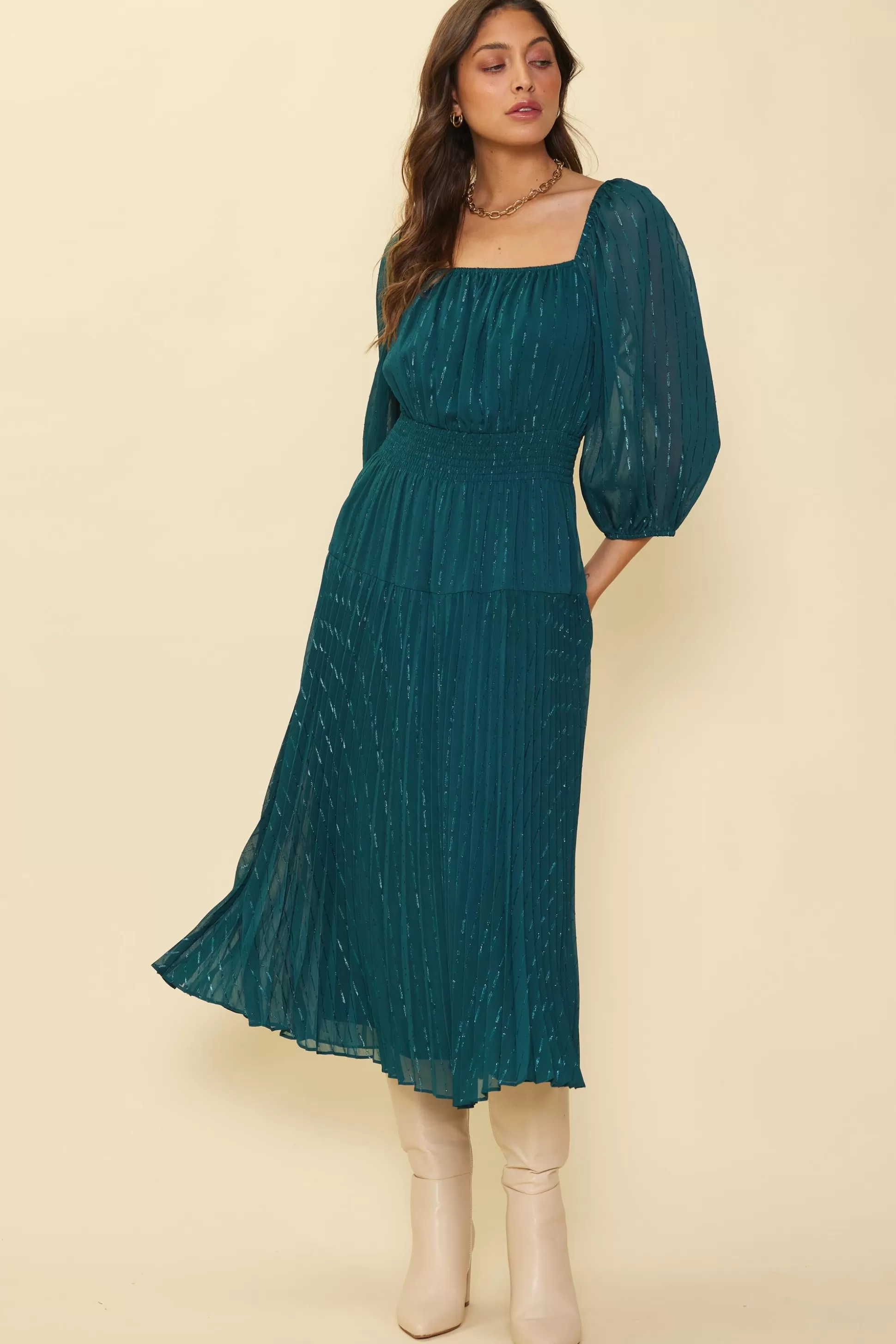 SKIES ARE BLUE Midi Dresses>Shimmery Pleated Midi Dress Gemstonegreen