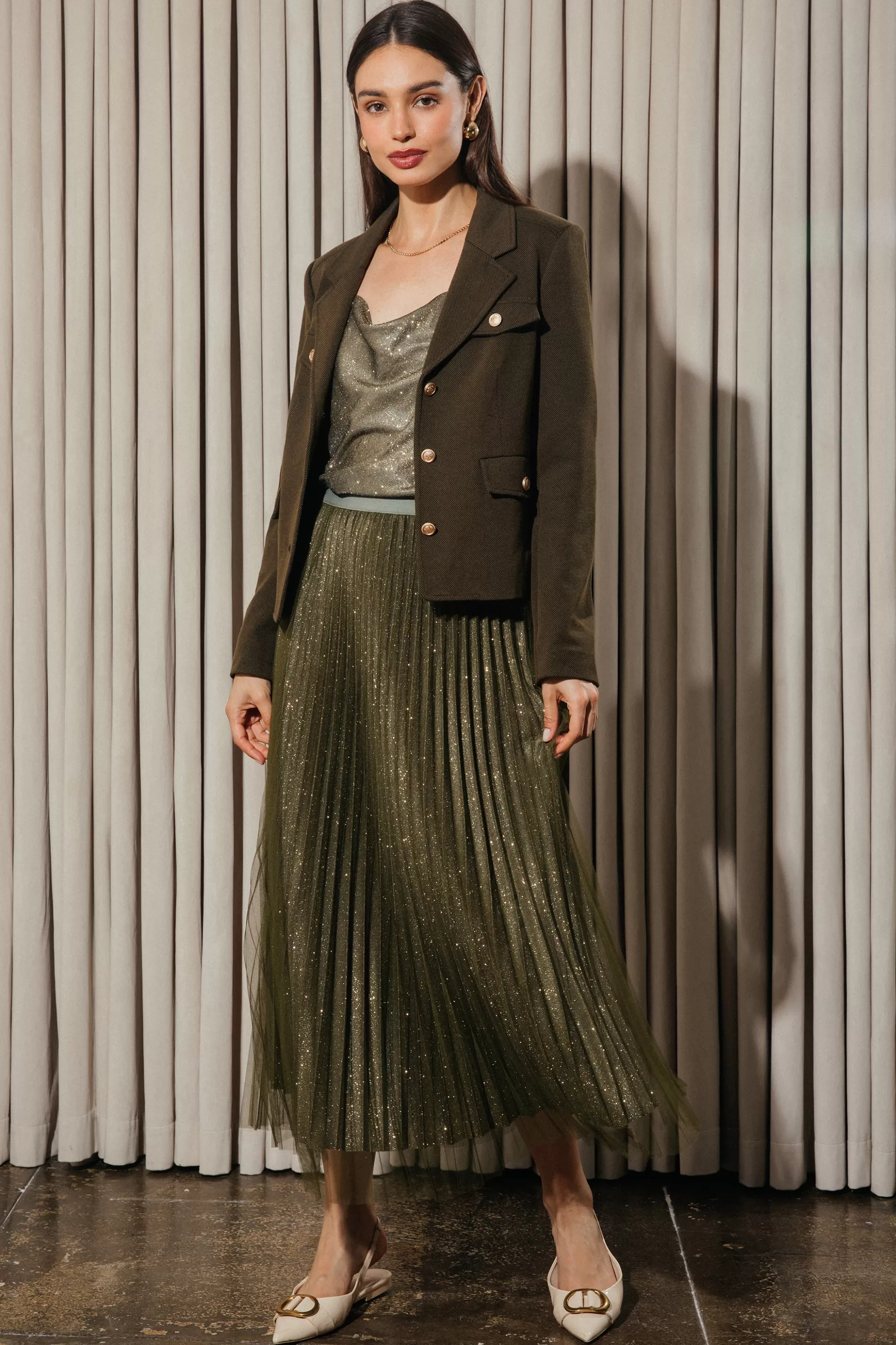 SKIES ARE BLUE Skirts>Shimmery Pleated Midi Skirt Olive