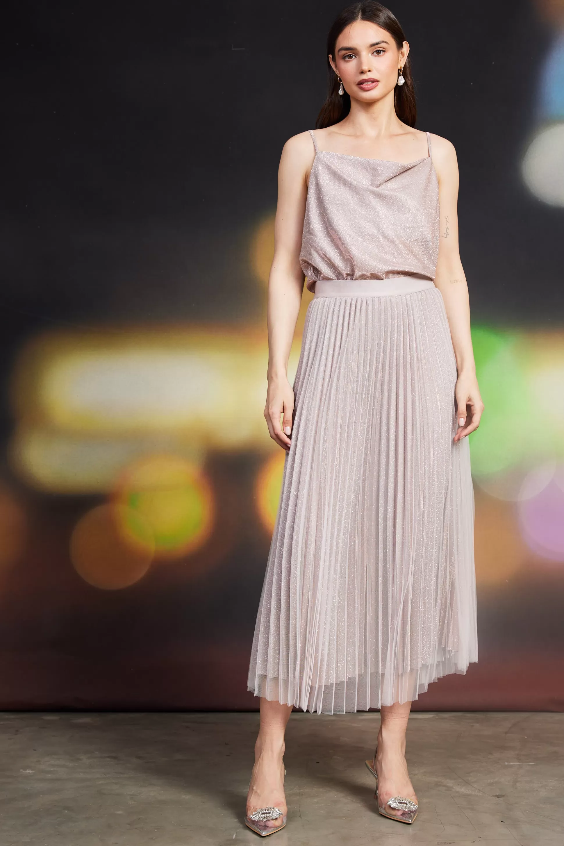 SKIES ARE BLUE Skirts>Shimmery Pleated Midi Skirt Blush