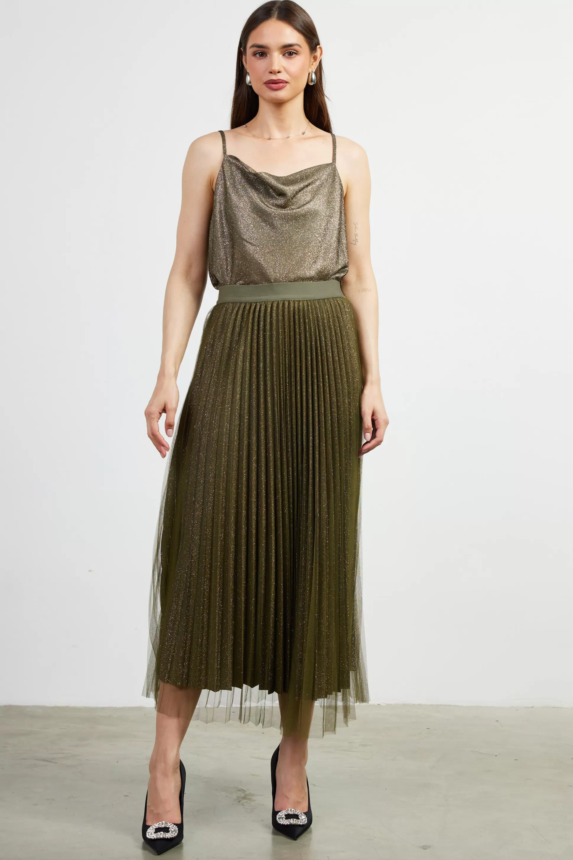 SKIES ARE BLUE Skirts>Shimmery Pleated Midi Skirt Olive