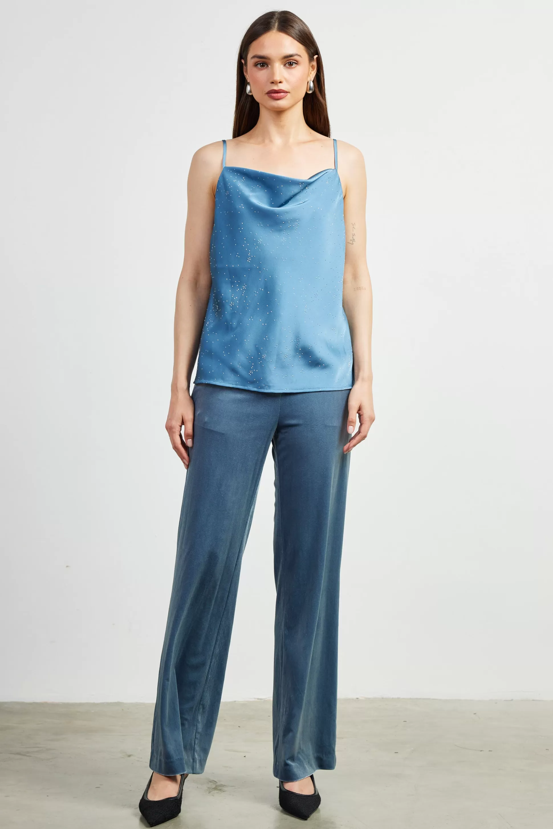 SKIES ARE BLUE Sleeveless Tops>Shimmery Satin Cowl Neck Cami Dustyblue